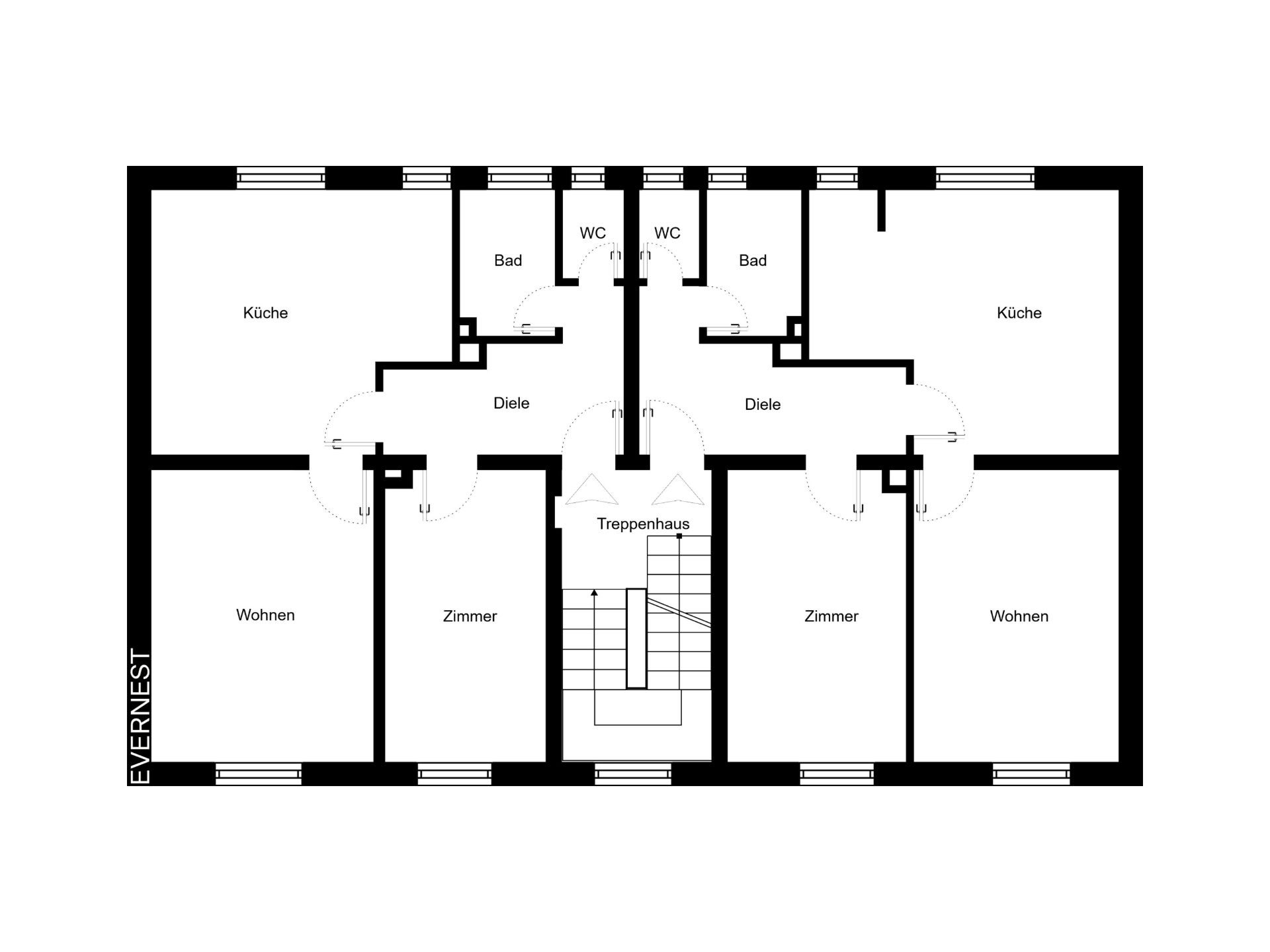 Grundriss mit zwei Küchen, zwei Wohnzimmern, zwei Bädern, zwei Zimmern und zentralem Treppenhaus.