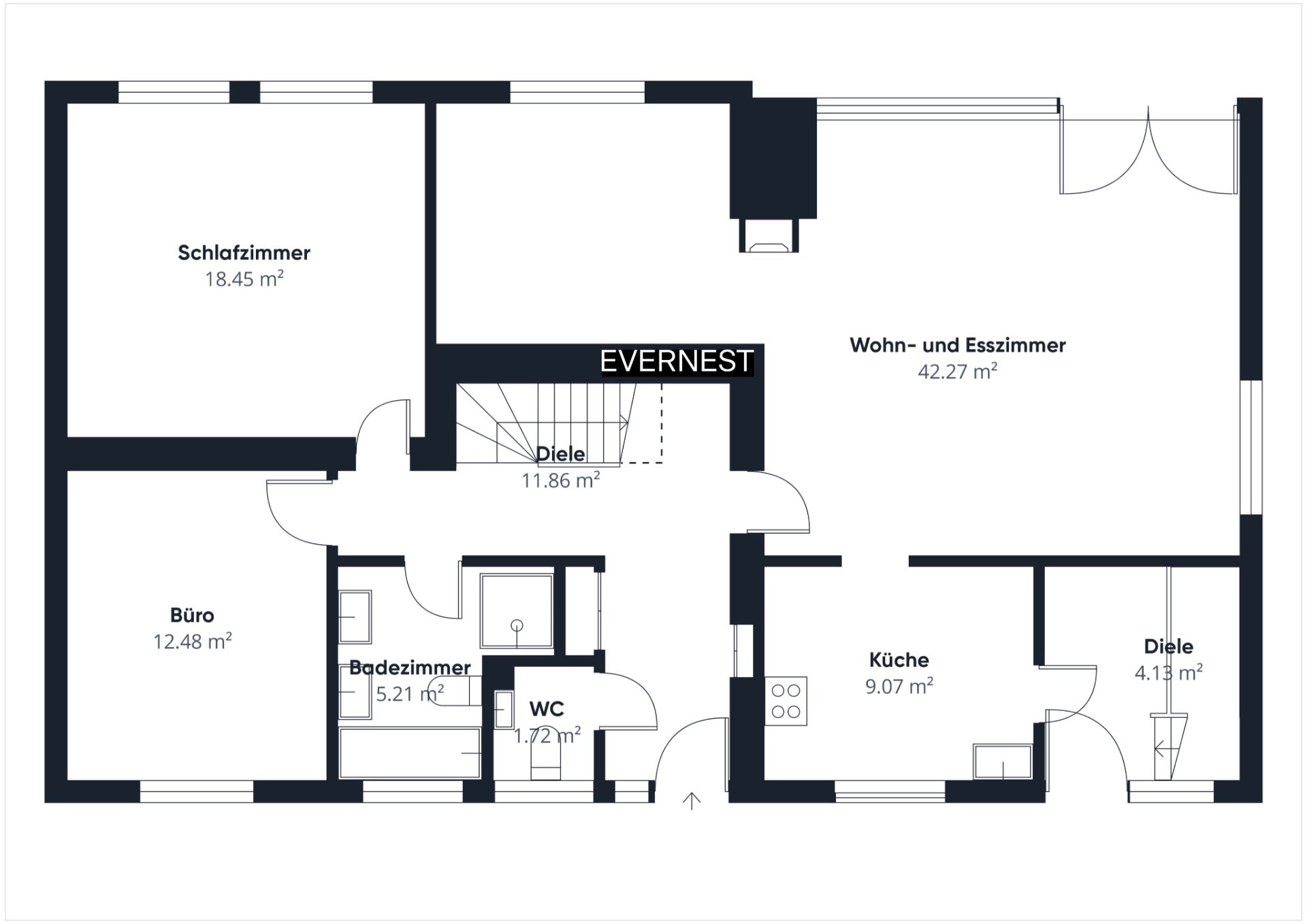 Grundriss einer Wohnung mit Schlafzimmer, Büro, Bad, WC, Küche und Wohn-Esszimmer.
