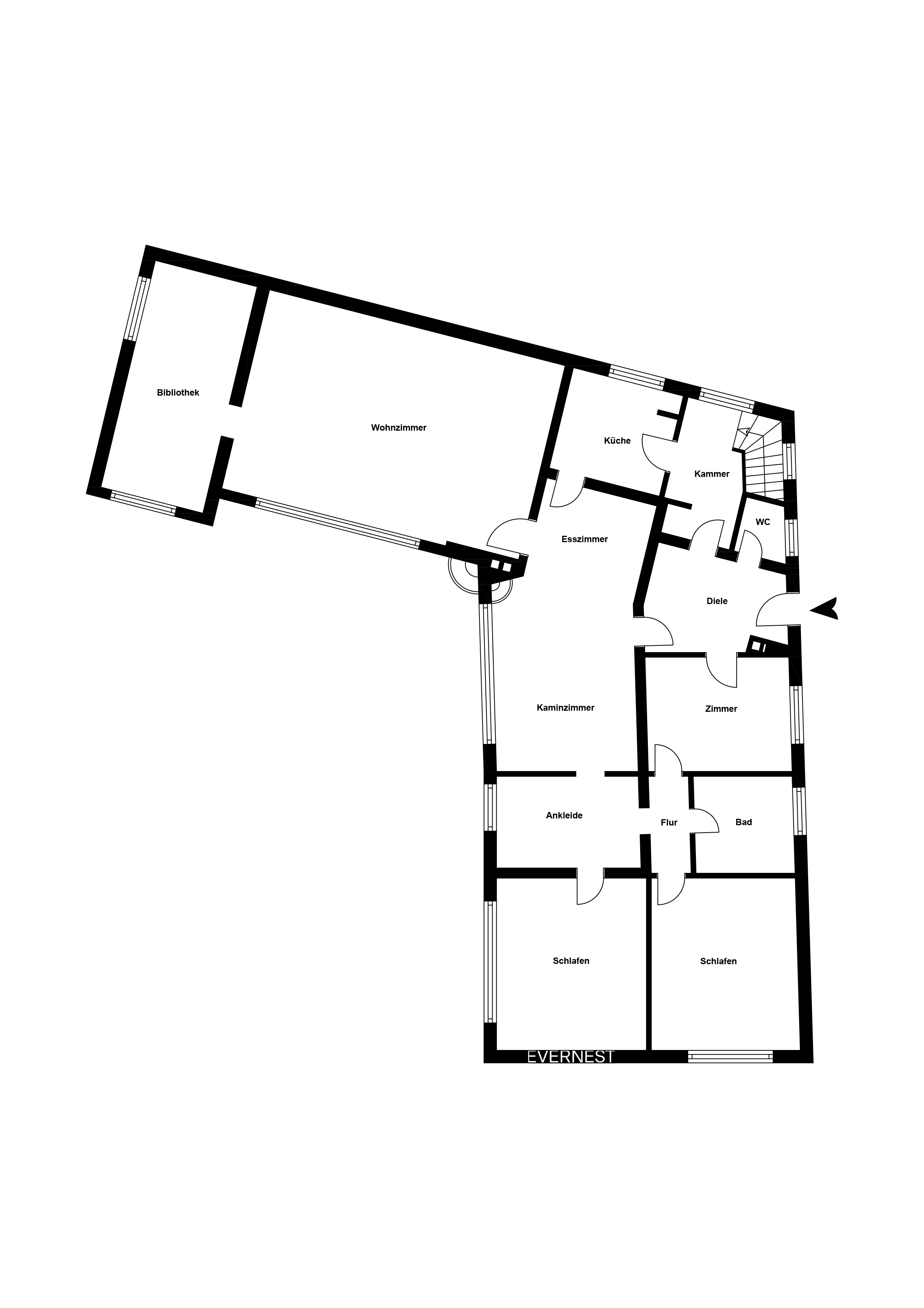 Grundriss einer Wohnung mit Bibliothek, Wohnzimmer, Küche, Schlafzimmern und Bad.