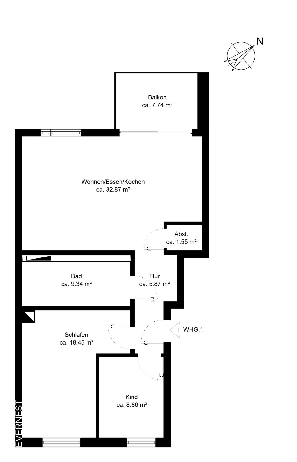Grundriss einer Wohnung mit Wohnzimmer, Balkon, Bad, Schlafzimmer, Kinderzimmer und Abstellraum.