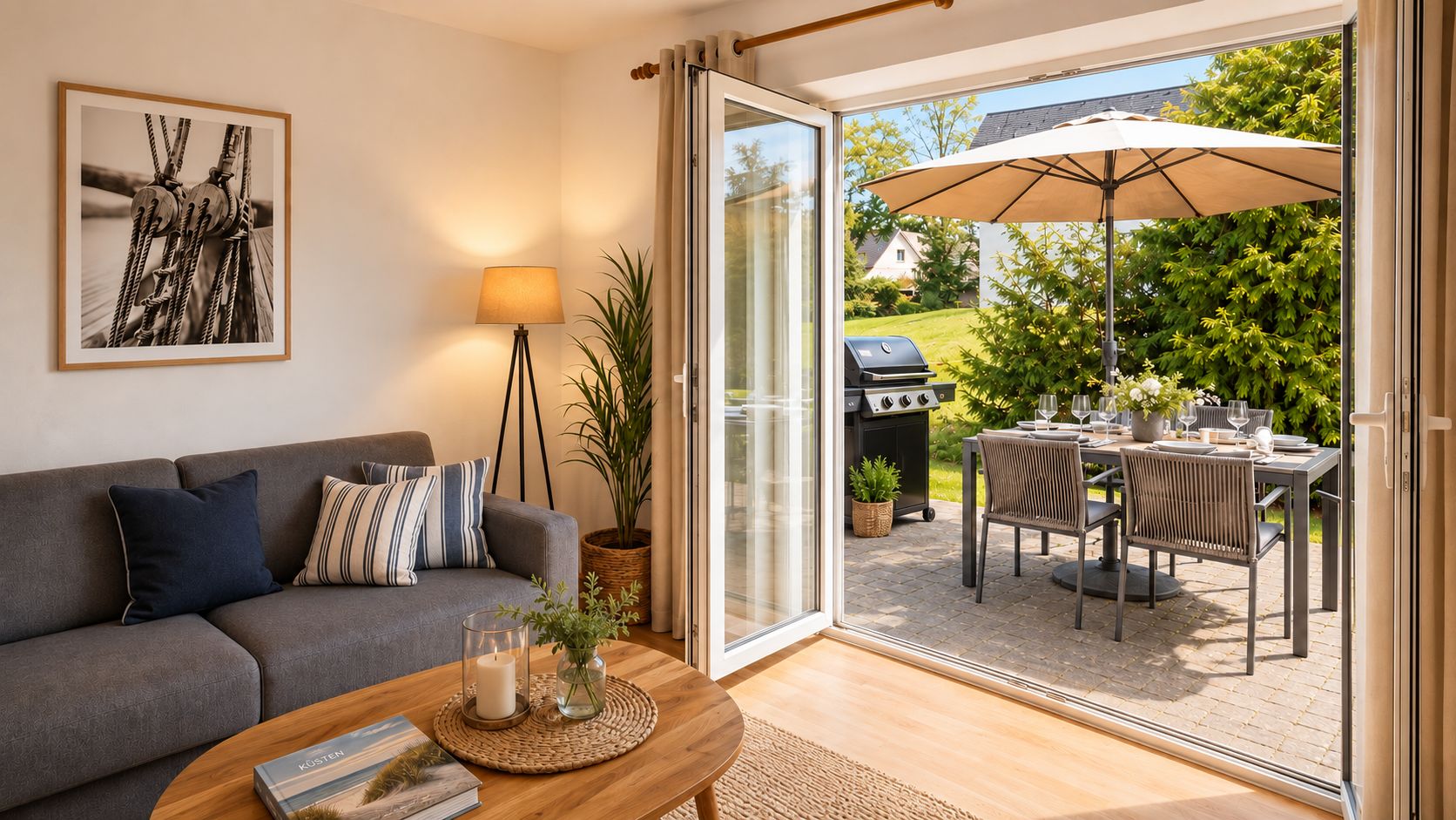 Wohnzimmer mit Sofa, Lampe und Couchtisch, offen zur Terrasse mit Esstisch, Stühlen und Grill.