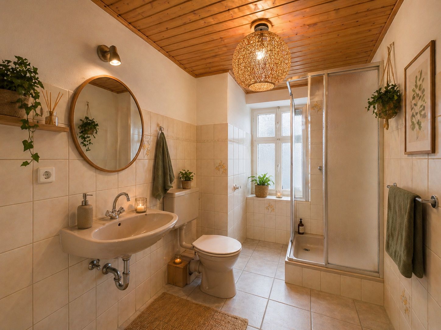 Helles Badezimmer mit Dusche, Waschbecken, WC, Pflanzen und Holzdecke.