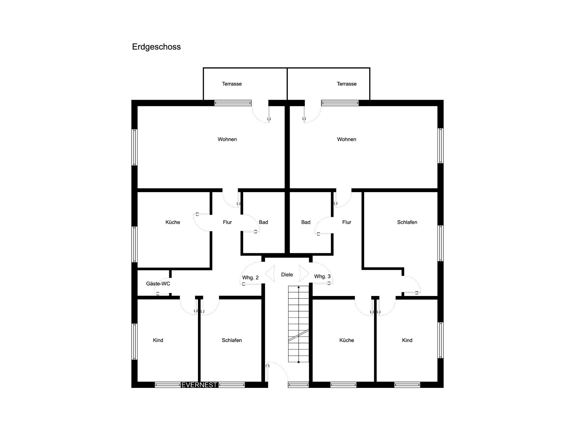 Grundriss des Erdgeschosses eines Wohnhauses mit mehreren Zimmern, Küchen und Terrassen.