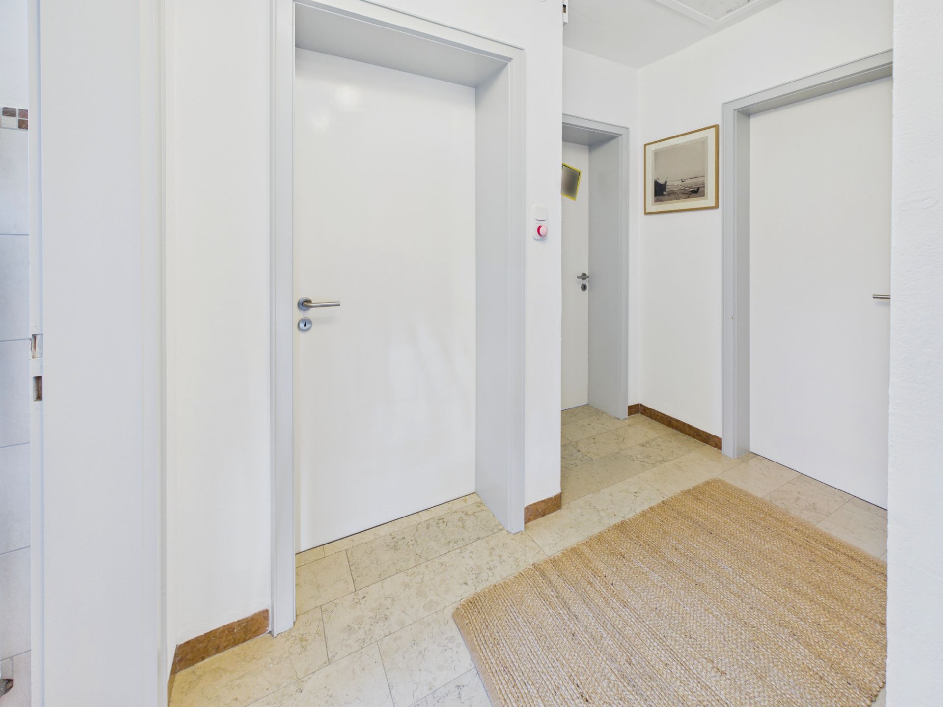 Heller Flur mit drei weißen Türen, einem Bild an der Wand und einem Teppich auf dem Boden.