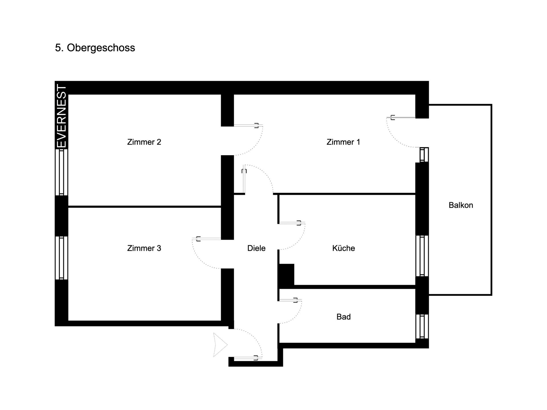 Grundriss einer Wohnung mit drei Zimmern, Küche, Bad, Diele und Balkon.