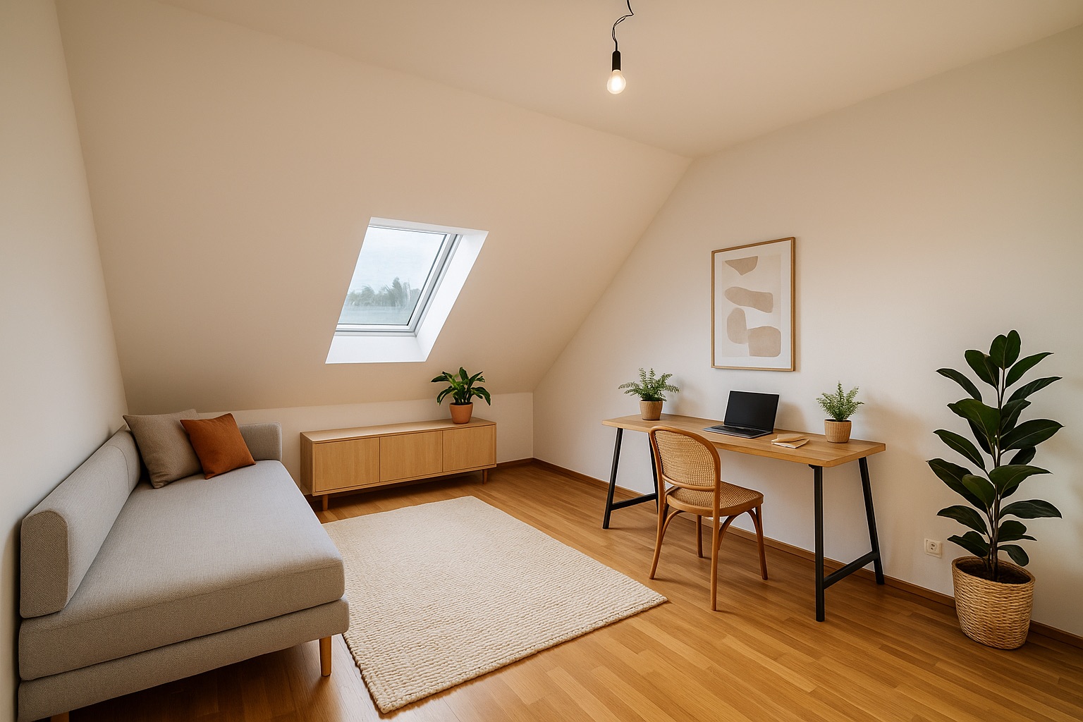 Helles Arbeitszimmer mit Schreibtisch, Stuhl, Sofa, Teppich und Pflanzen unter Dachschräge.