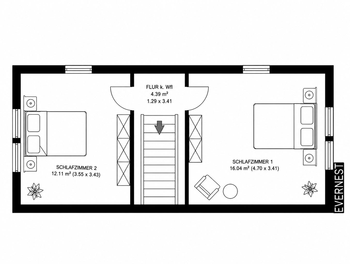 Grundriss mit zwei Schlafzimmern, zentralem Flur und Treppe in der Mitte.