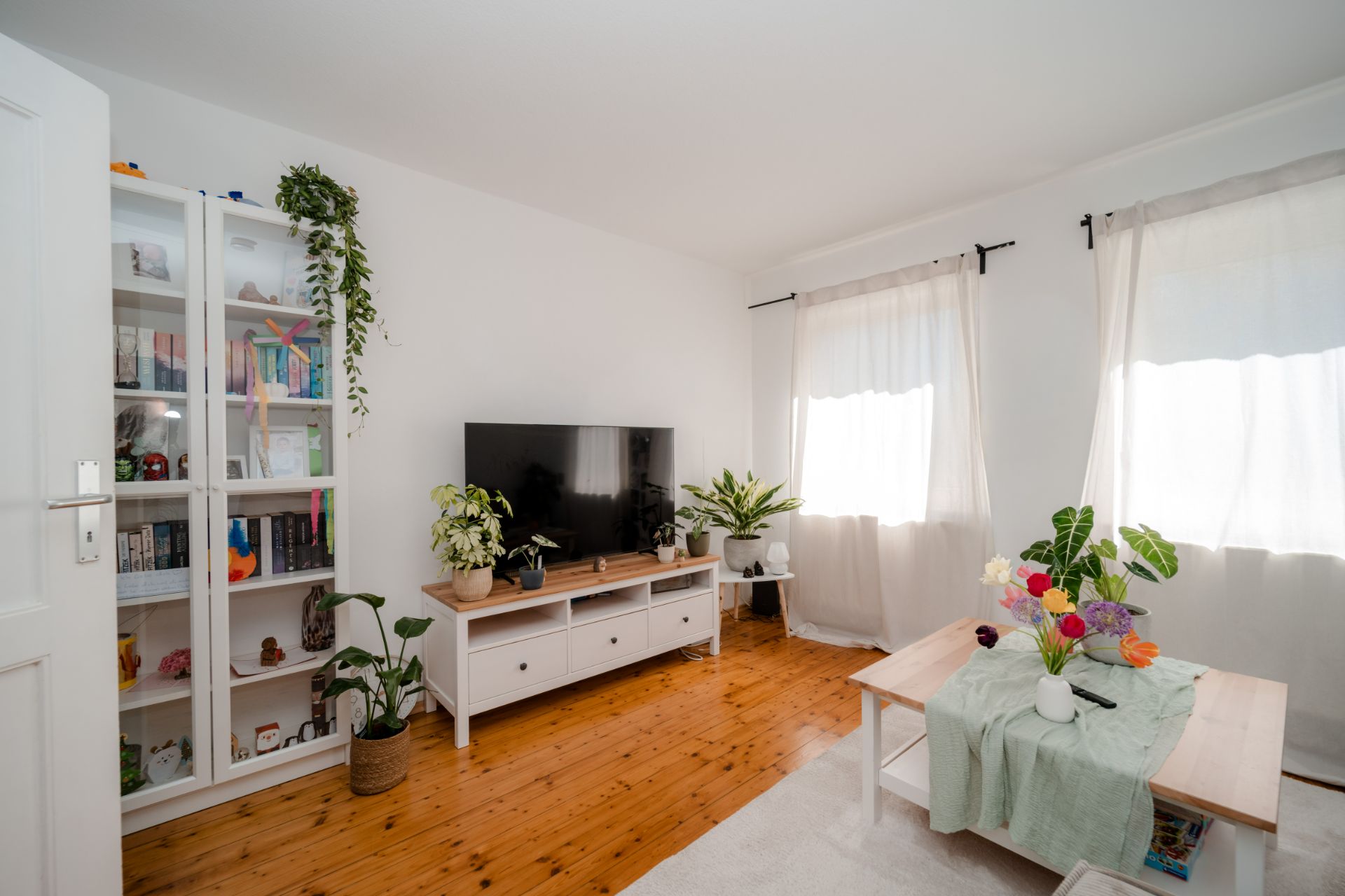 Helles Wohnzimmer mit Holzboden, Sofa, Couchtisch, TV, Regal und mehreren Zimmerpflanzen.