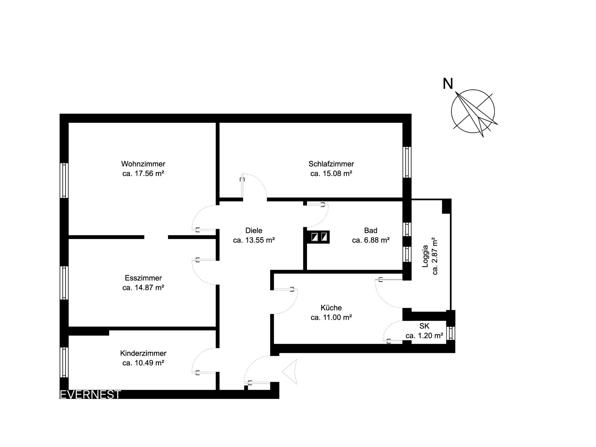 Grundriss einer Wohnung mit Wohnzimmer, Schlafzimmer, Kinderzimmer, Esszimmer, Küche, Bad und Loggia.