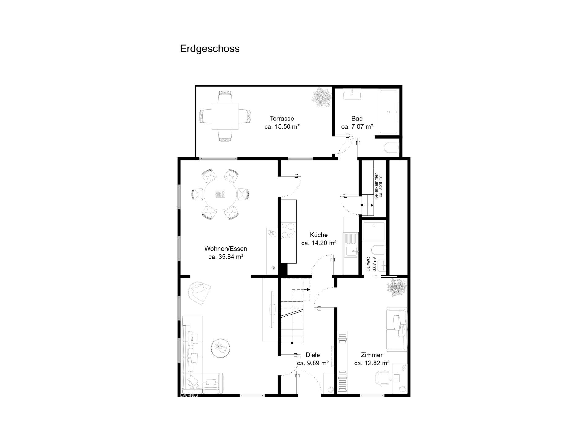 Grundriss des Erdgeschosses mit Wohn-/Essbereich, Küche, Bad, Zimmer, Diele und Terrasse.