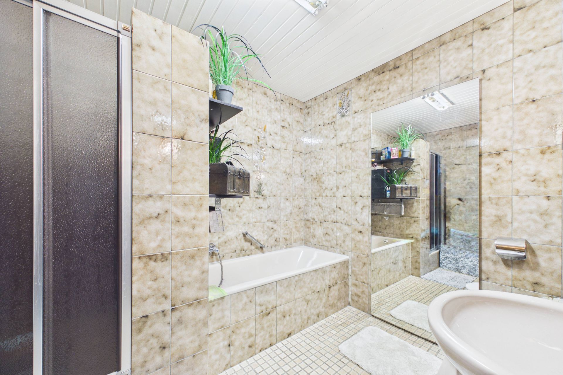 Helles Badezimmer mit Badewanne, Dusche, großem Spiegel und Pflanzen auf einem Regal.