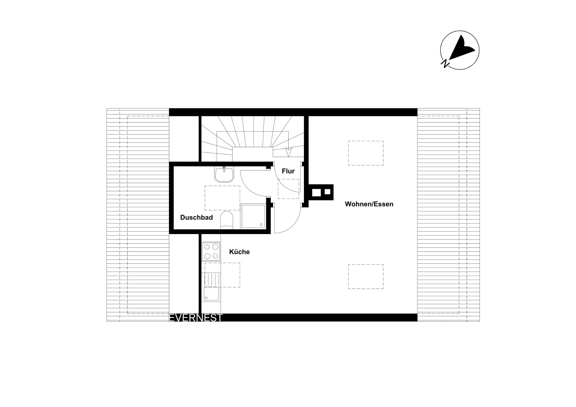 Grundriss mit Wohn-/Essbereich, Küche, Duschbad und Flur, Treppe in der Mitte.