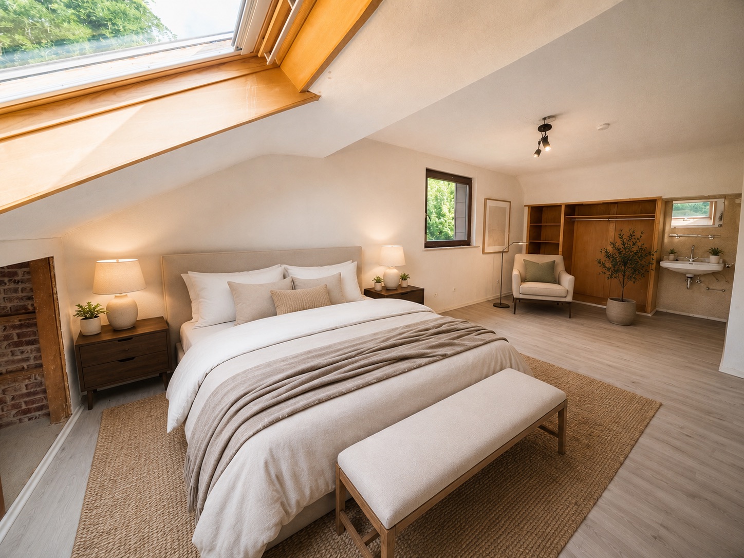 Helles Schlafzimmer mit Doppelbett, Dachfenster, Sitzbereich und offenem Regal.