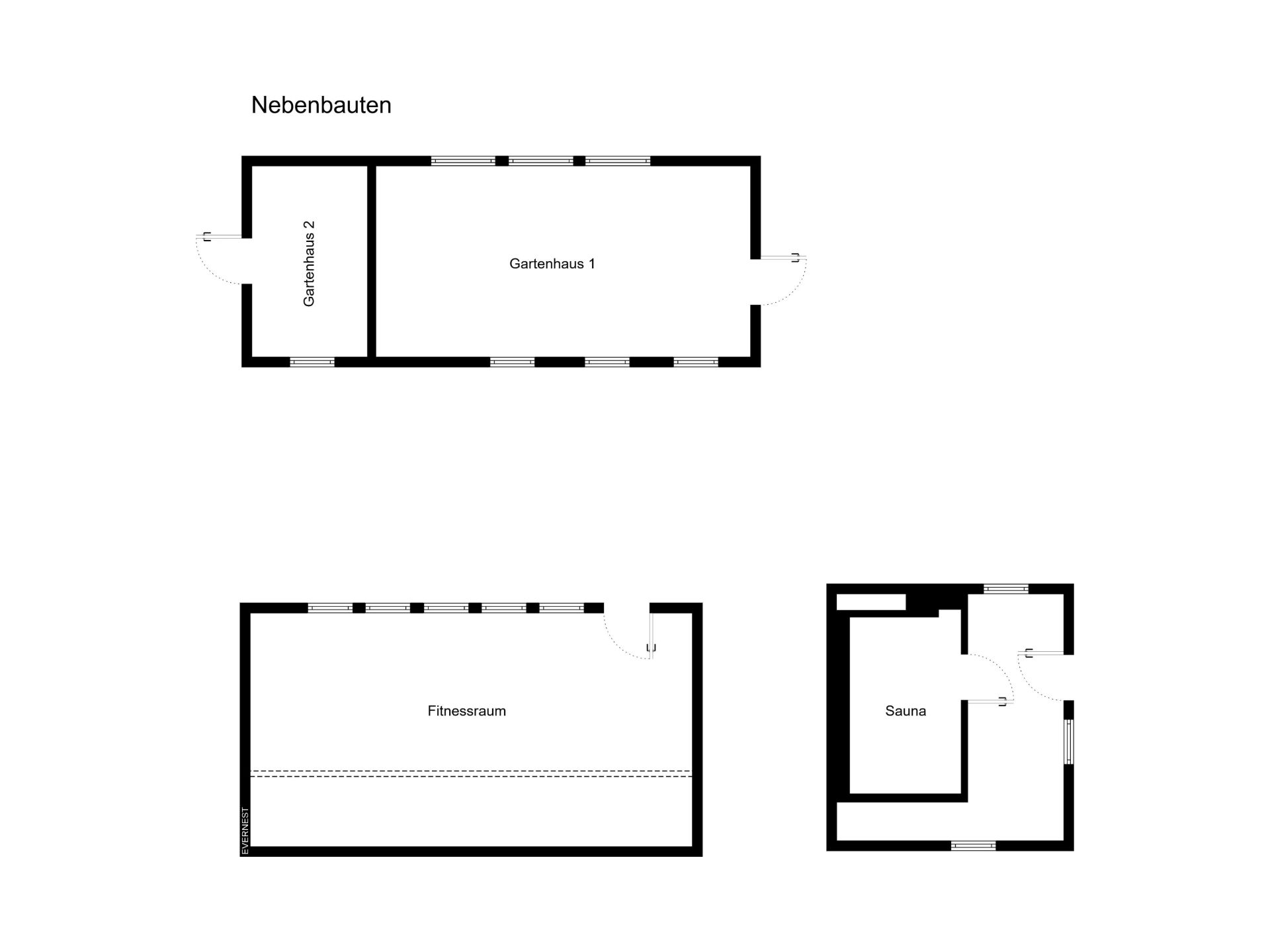 Grundriss mit Gartenhaus, Fitnessraum und Sauna, jeweils mit separaten Räumen.