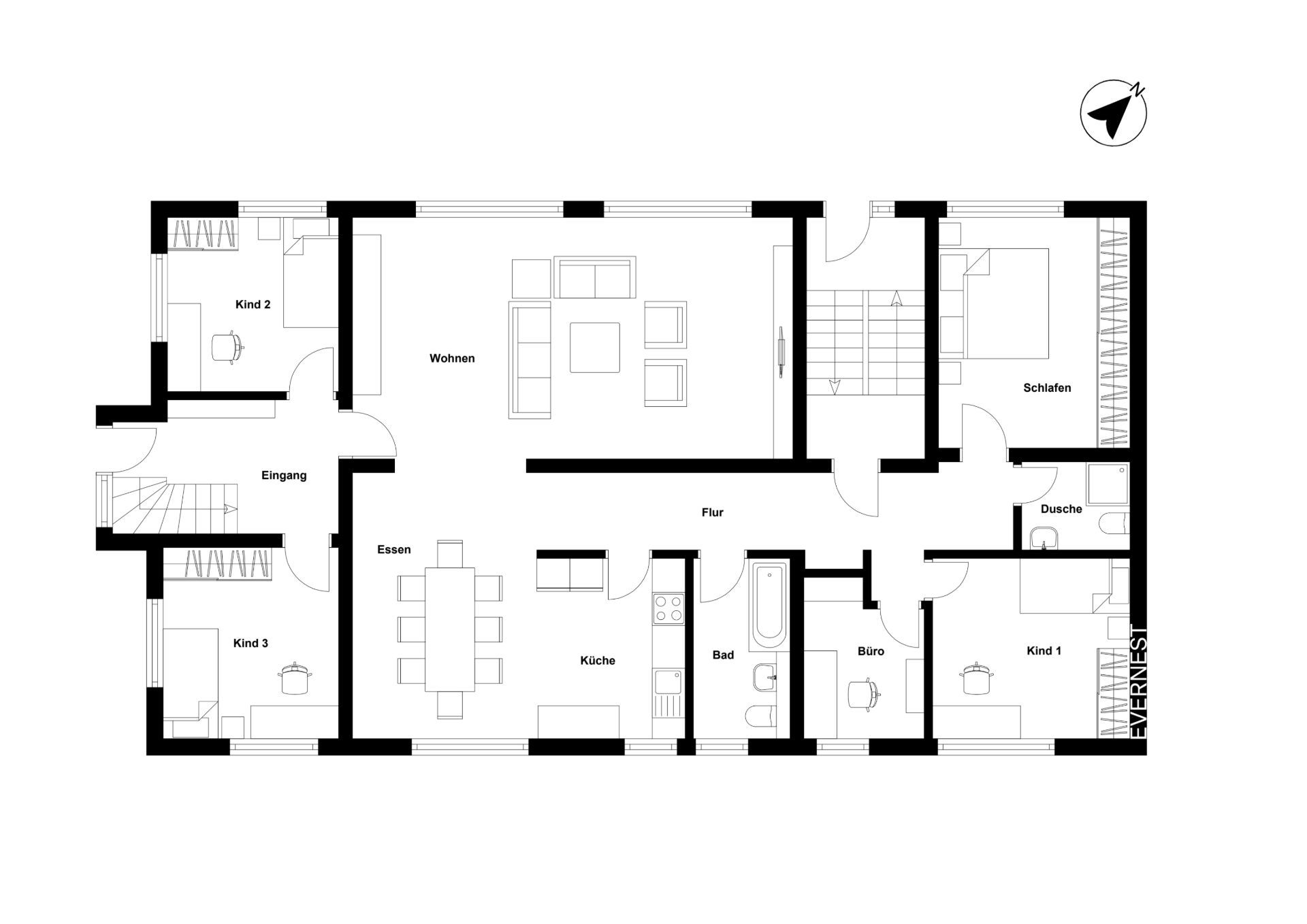 Grundriss eines Hauses mit Wohn-, Ess-, Kinder-, Schlafzimmer, Bad, Büro und Küche.