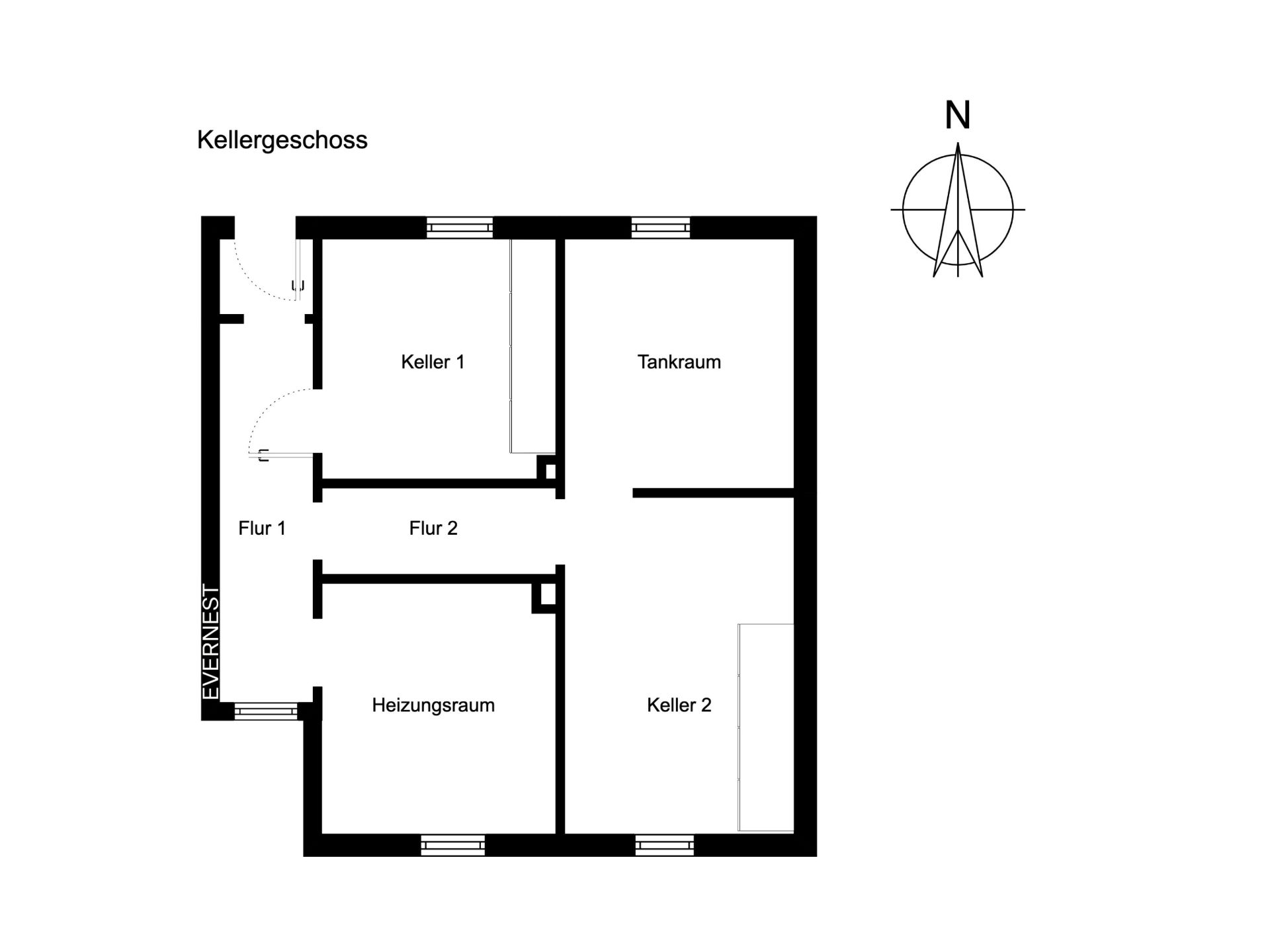 Grundriss des Kellers mit Heizungsraum, zwei Kellerräumen, Tankraum und Fluren.