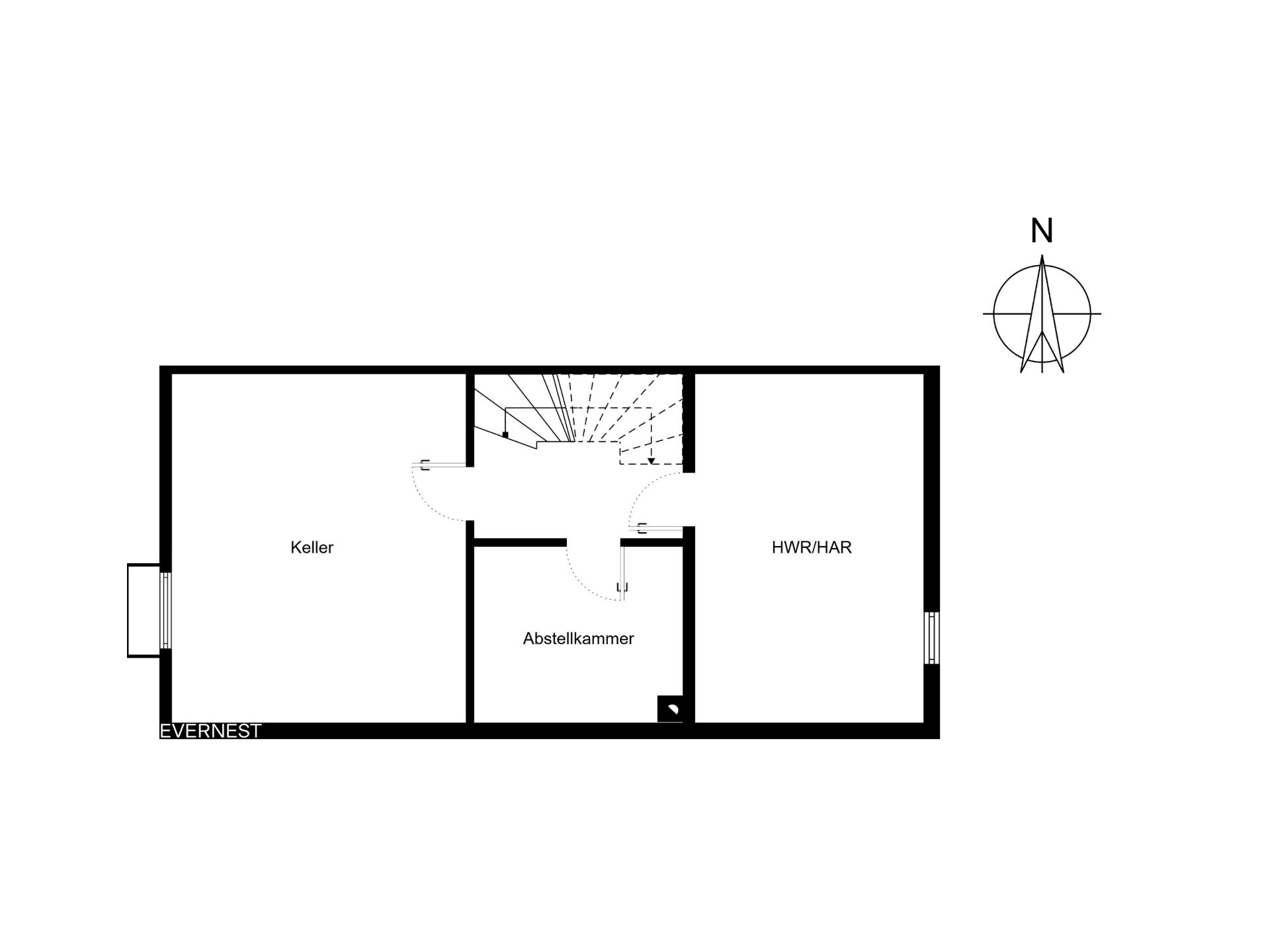 Grundriss eines Kellers mit drei Räumen: Keller, Abstellkammer und HWR/HAR.