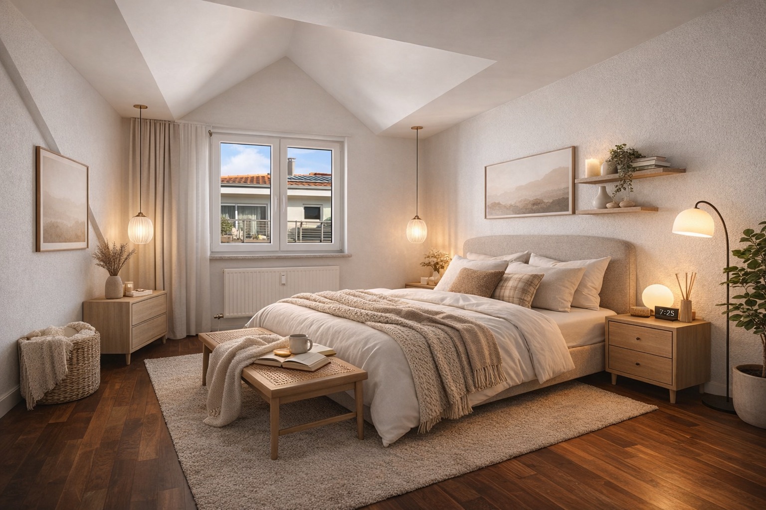 Helles Schlafzimmer mit Doppelbett, Holzmöbeln, Teppich und Fenster mit Blick nach draußen.