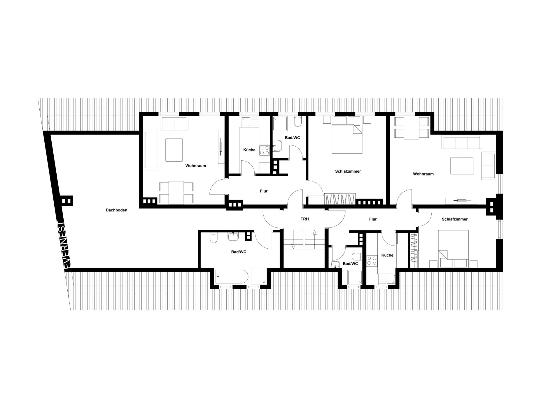Grundriss einer Wohnung mit Wohnzimmern, Schlafzimmern, Küchen und Bädern.