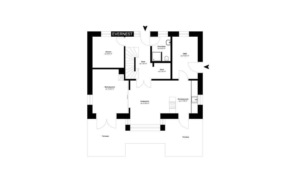 Grundriss eines Hauses mit Wohnbereich, Küche, Essbereich, Bad und Terrasse.
