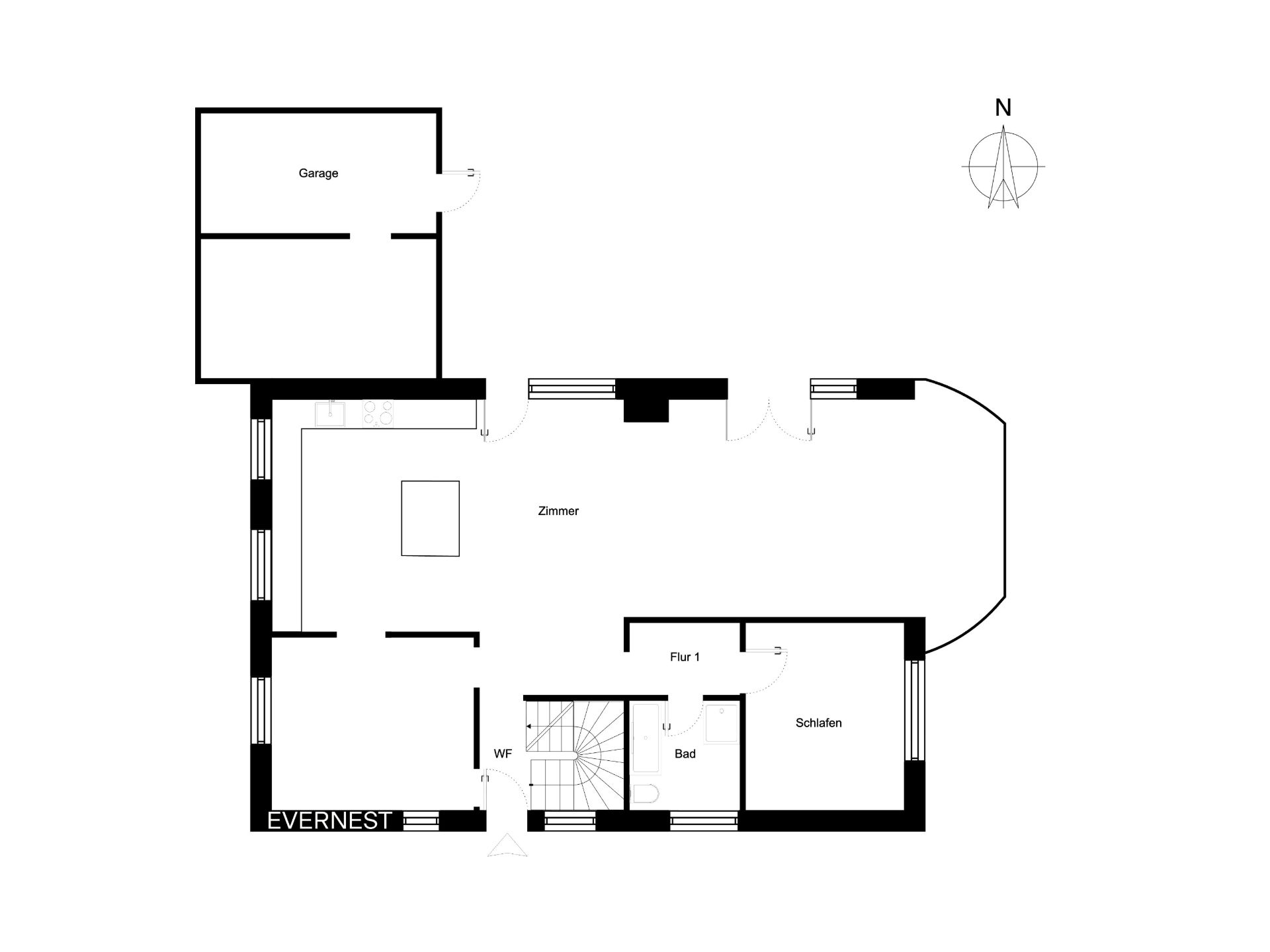 Grundriss eines Wohnhauses mit Garage, Zimmer, Bad, Schlafzimmer und Flur.
