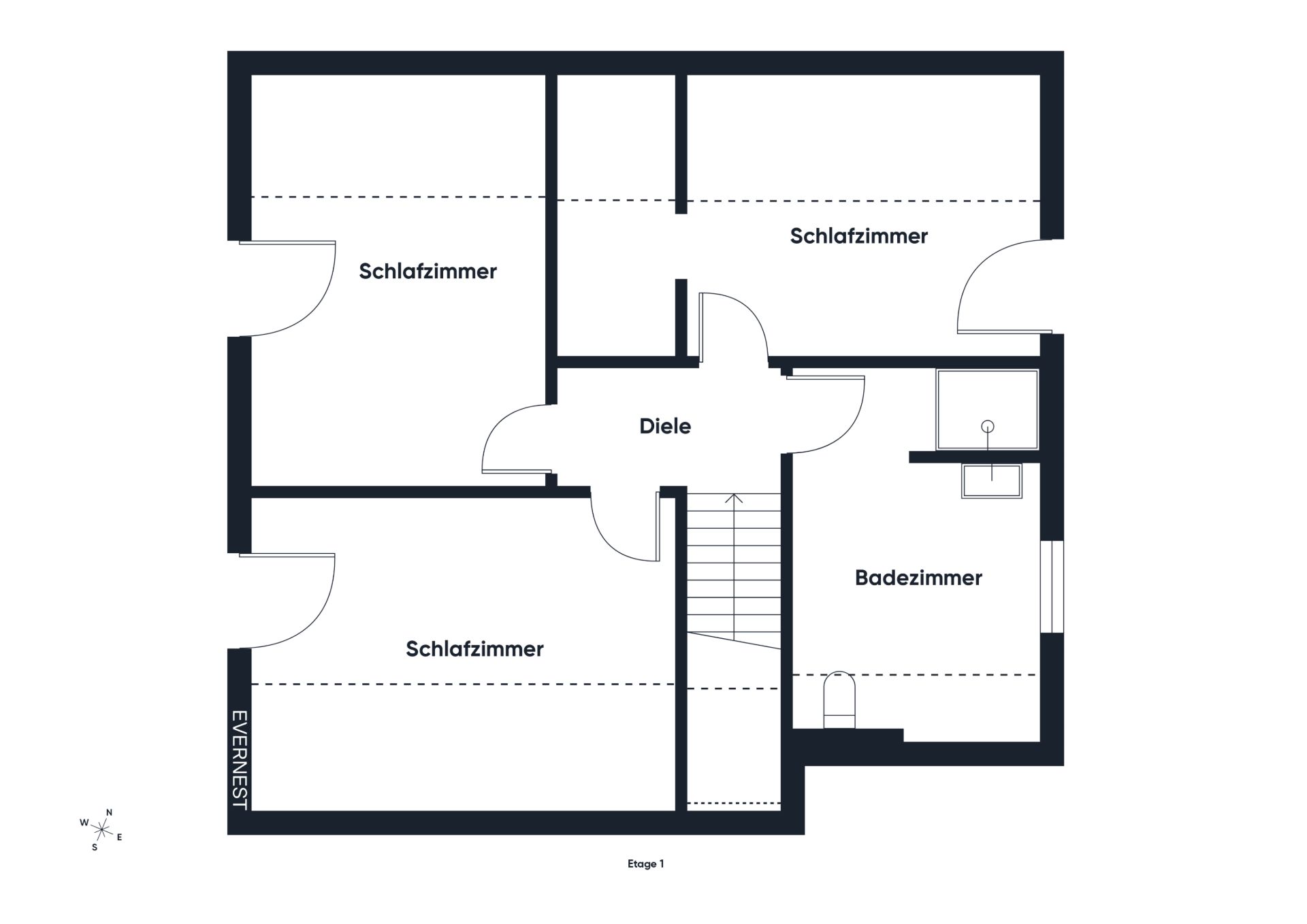 Grundriss mit drei Schlafzimmern, einem Badezimmer und einer Diele.