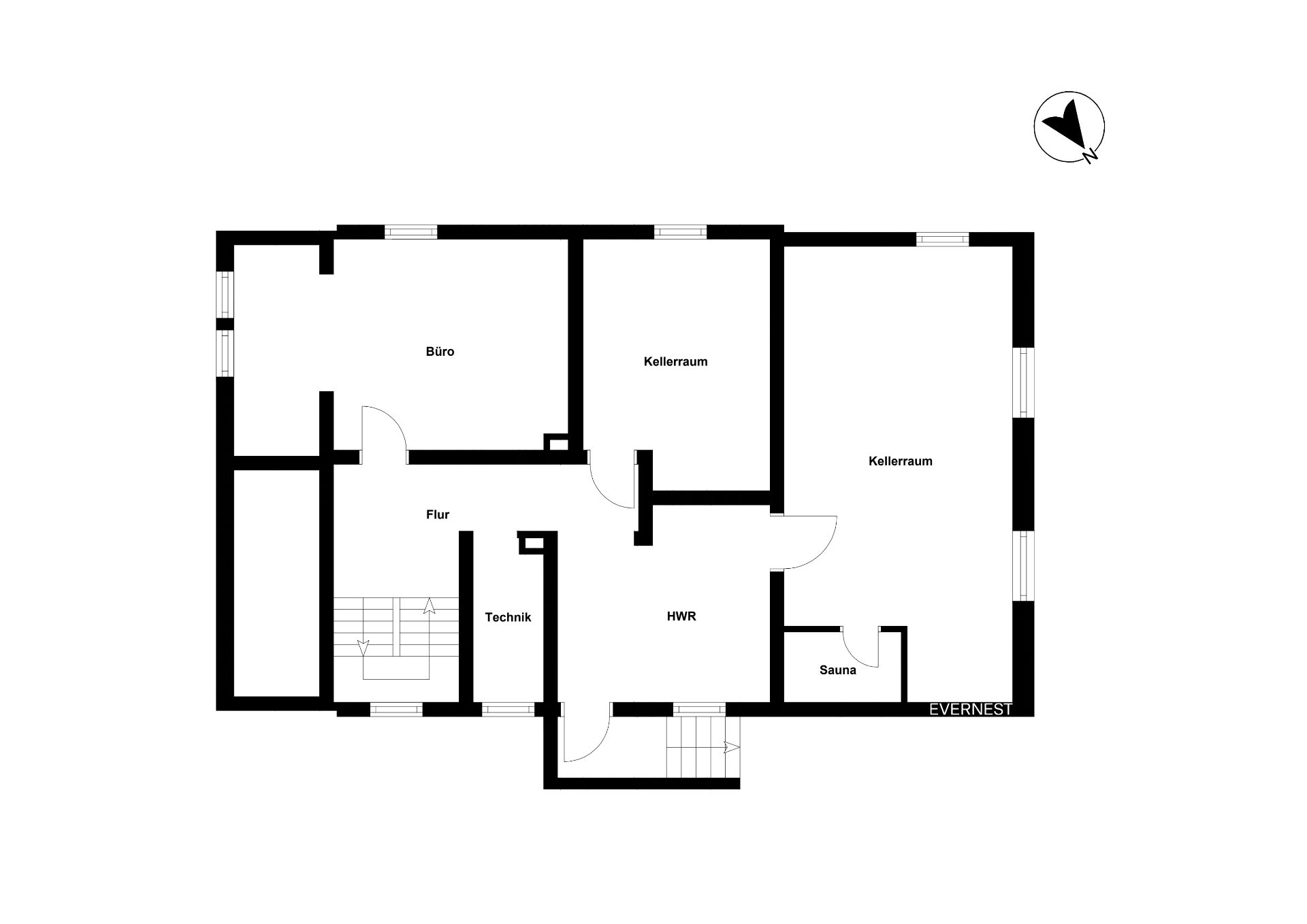 Grundriss mit Büro, drei Kellerräumen, Flur, Technikraum, HWR und Sauna.