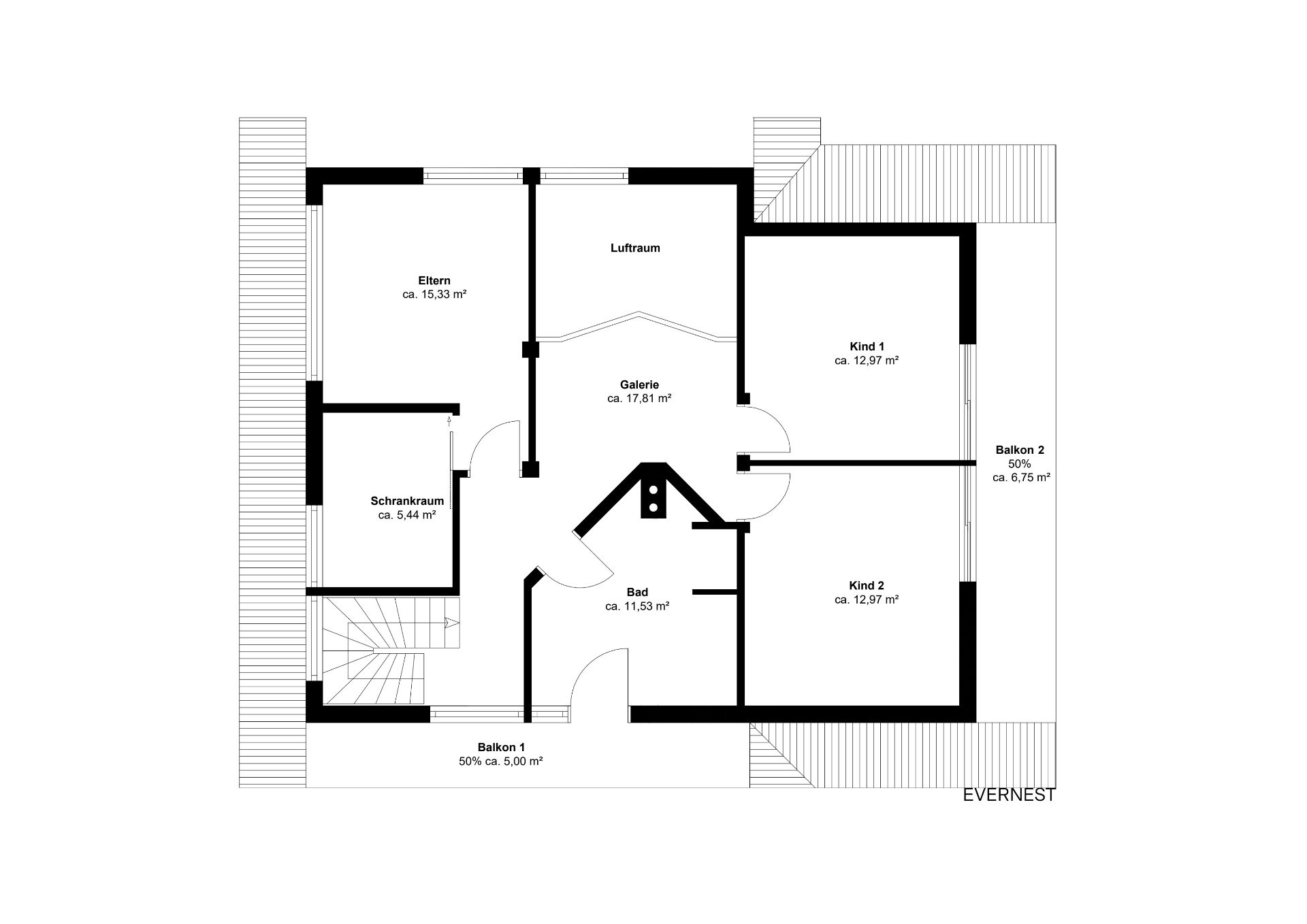 Grundriss mit Schlafzimmer, zwei Kinderzimmern, Bad, Schrankraum, Galerie und zwei Balkonen.