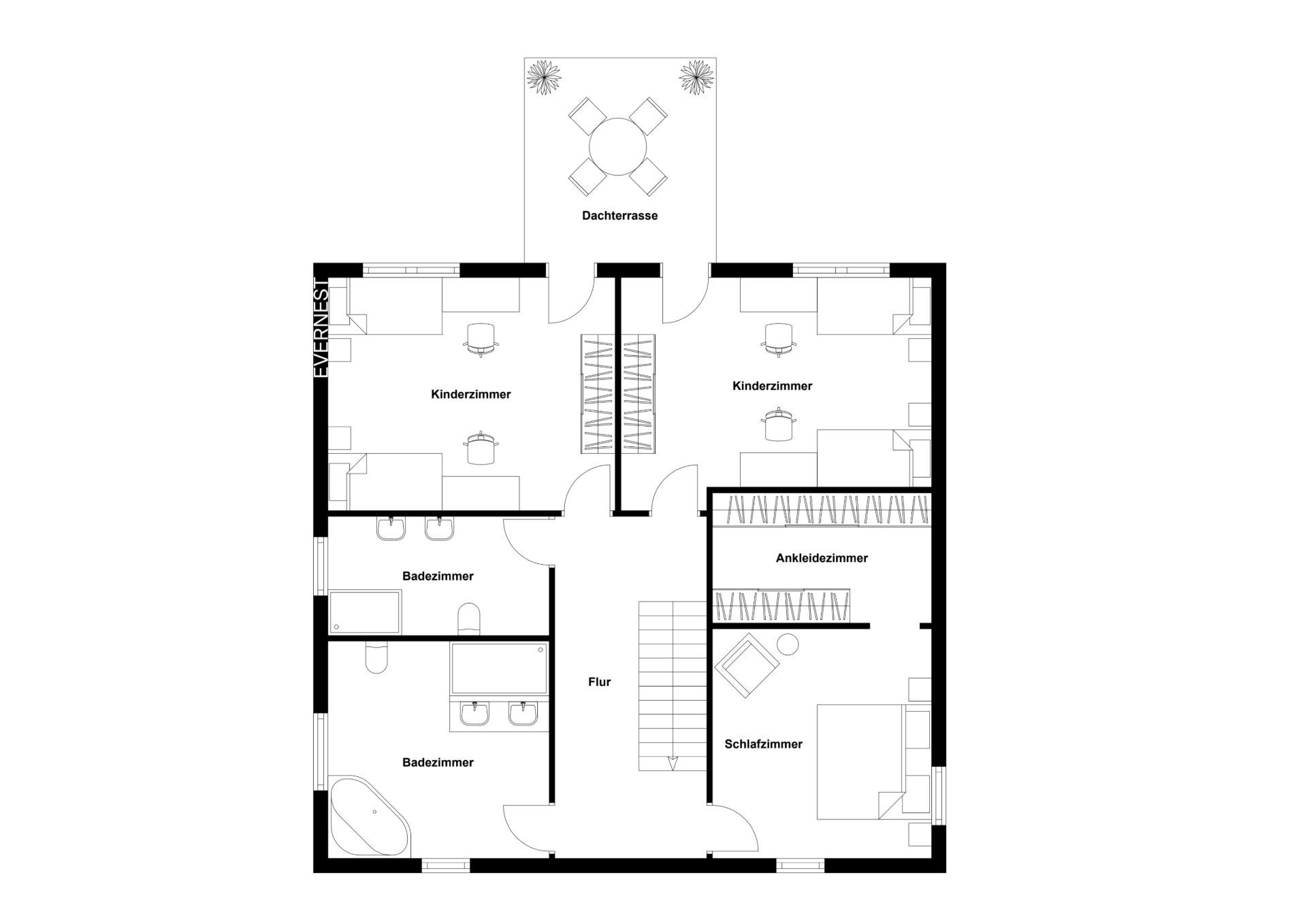 Grundriss mit zwei Kinderzimmern, Schlafzimmer, Ankleidezimmer, zwei Bädern und Dachterrasse.