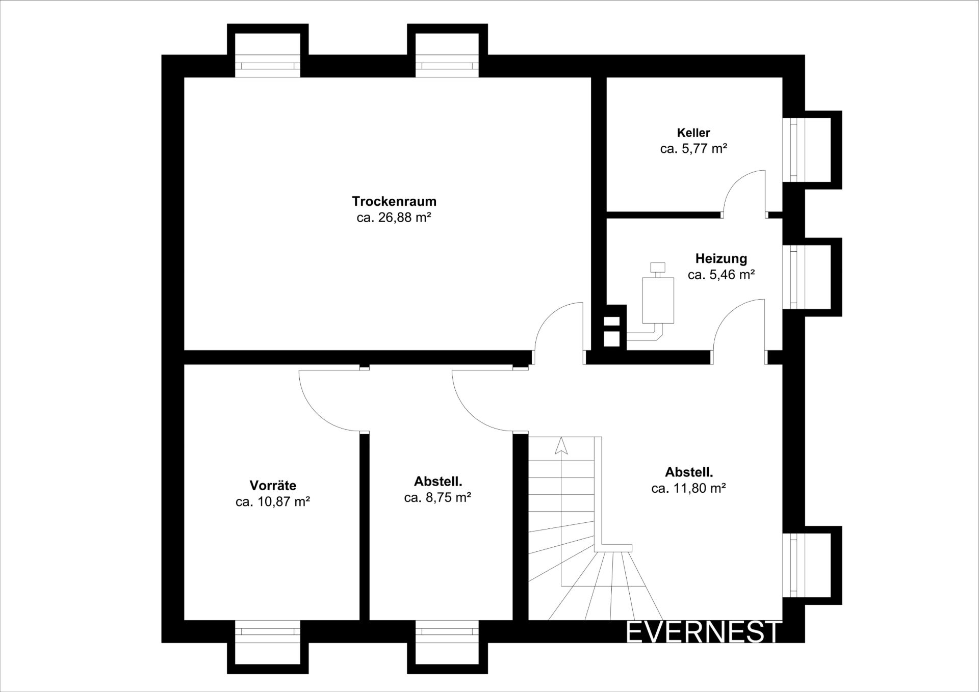 Grundriss eines Kellers mit Trockenraum, Vorratsraum, Heizung, Keller und Abstellräumen.