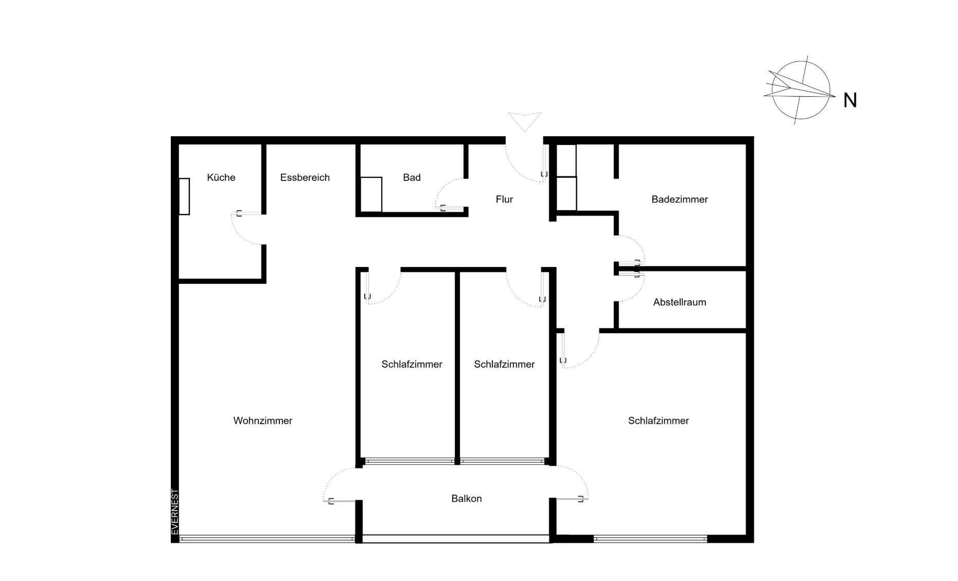 Grundriss einer Wohnung mit Wohnzimmer, drei Schlafzimmern, Küche, zwei Bädern und Balkon.
