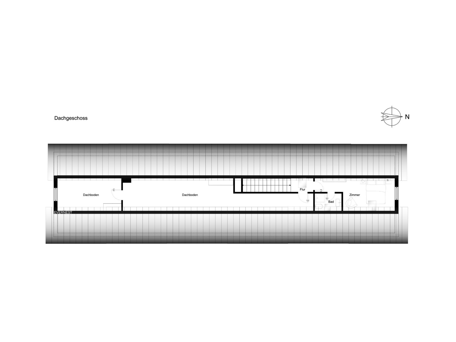 Grundriss des Dachgeschosses mit Dachboden, Flur, Bad und Zimmer.