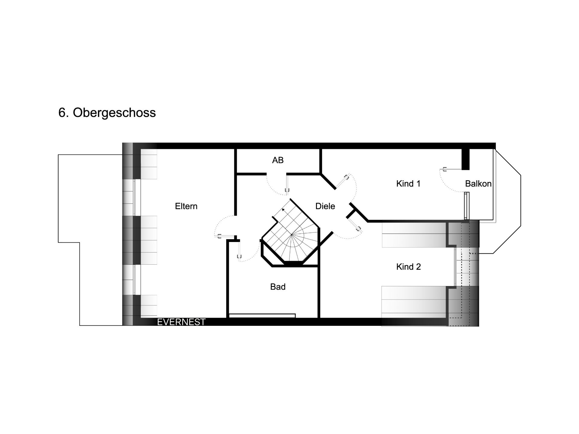 Grundriss eines Obergeschosses mit Eltern-, zwei Kinderzimmern, Bad, Diele und Balkon.