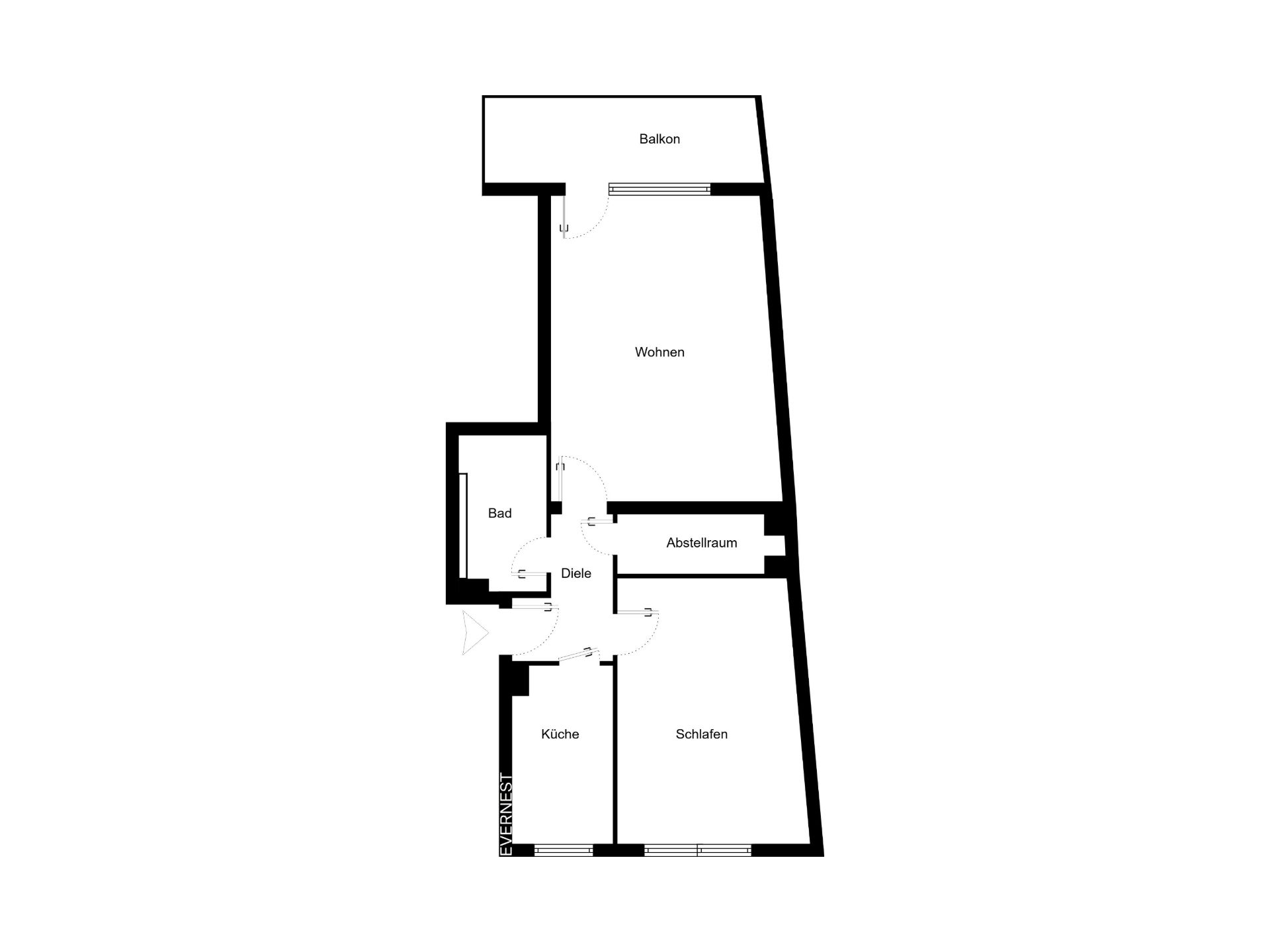 Wohnungsgrundriss mit Balkon, Wohnzimmer, Küche, Schlafzimmer, Bad, Diele und Abstellraum.