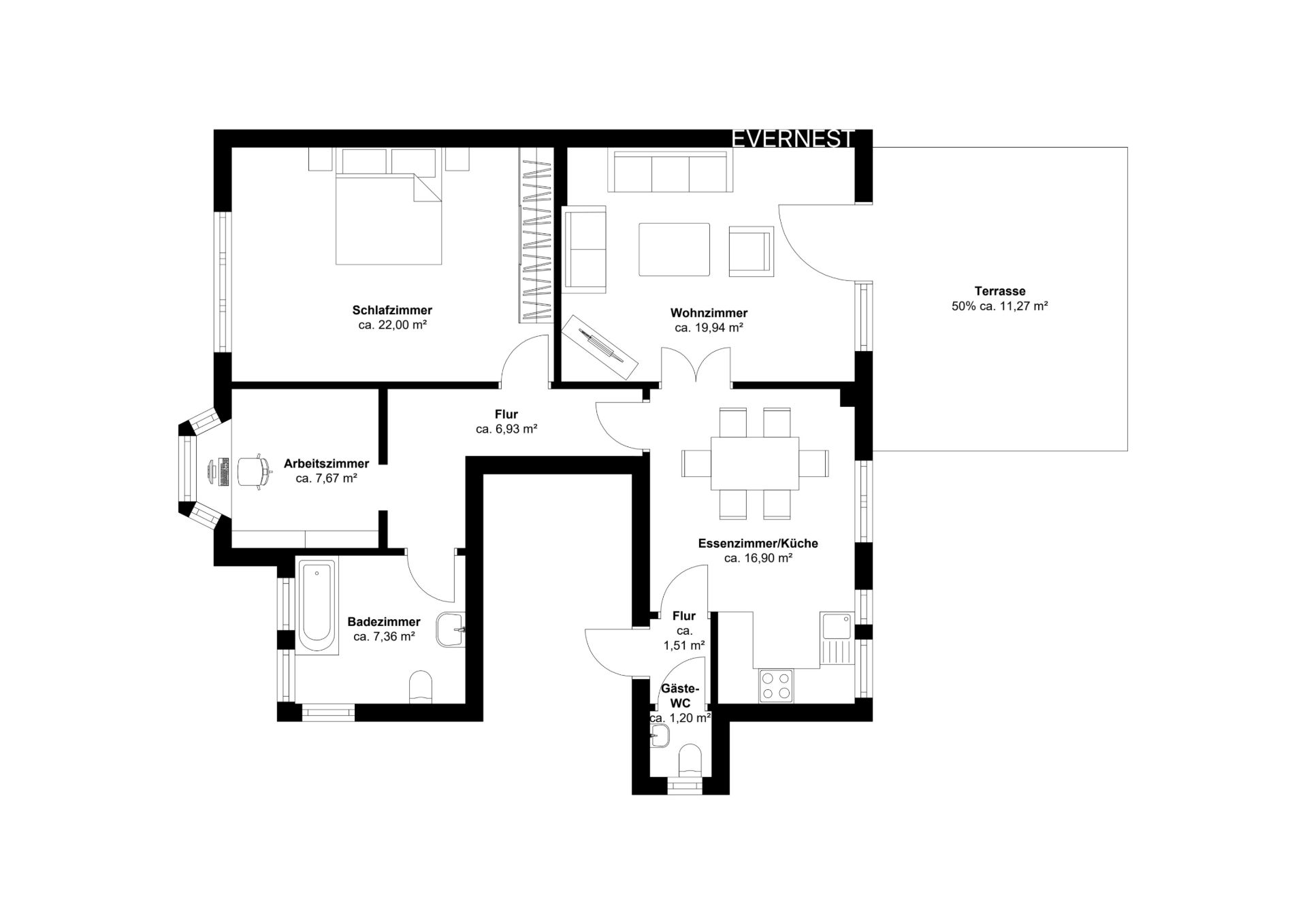 Grundriss mit Schlafzimmer, Wohnzimmer, Arbeitszimmer, Bad, Küche, Essbereich, Gäste-WC und Terrasse.