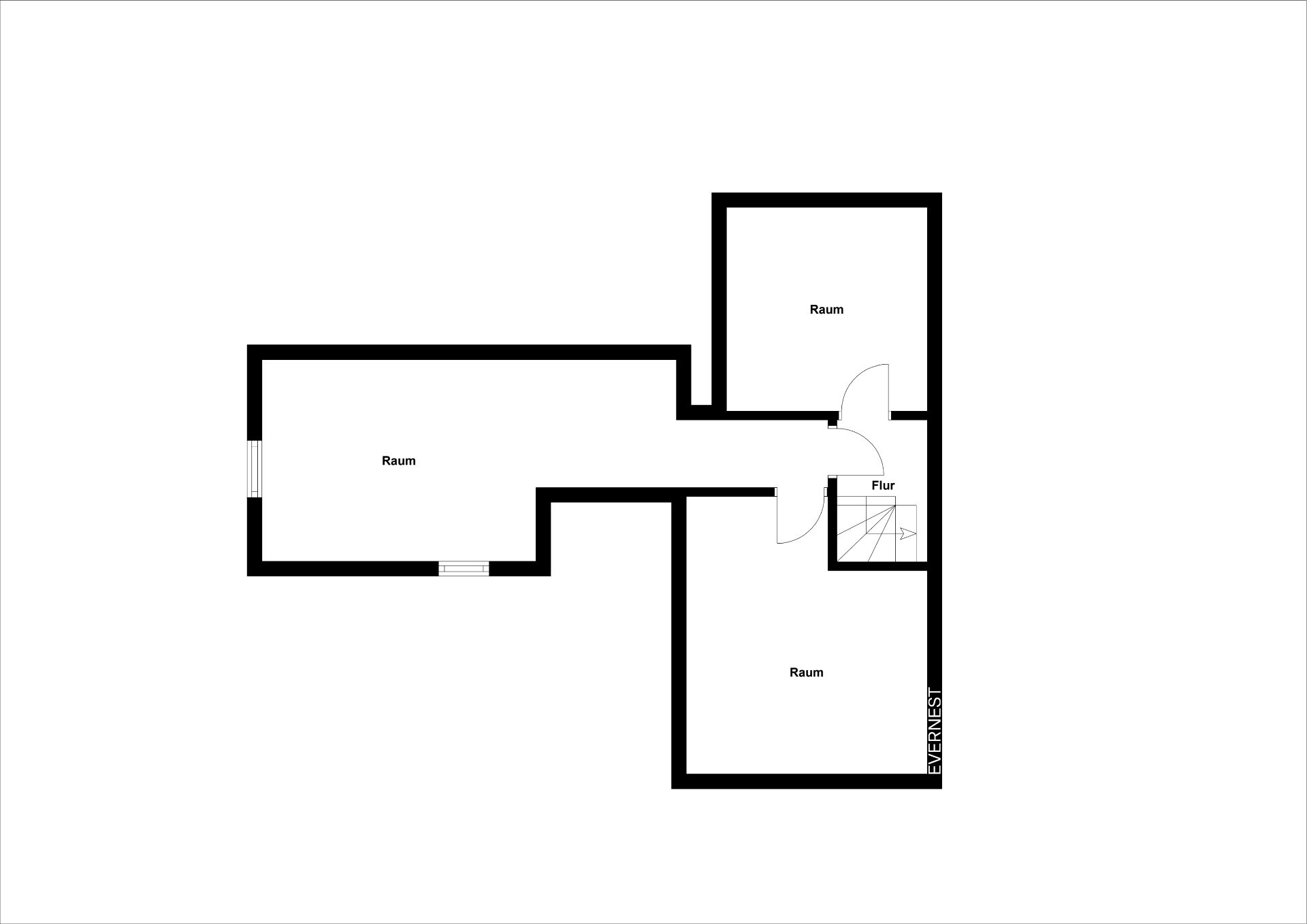 Grundriss mit drei Räumen und einem Flur, Treppe im rechten Bereich sichtbar.
