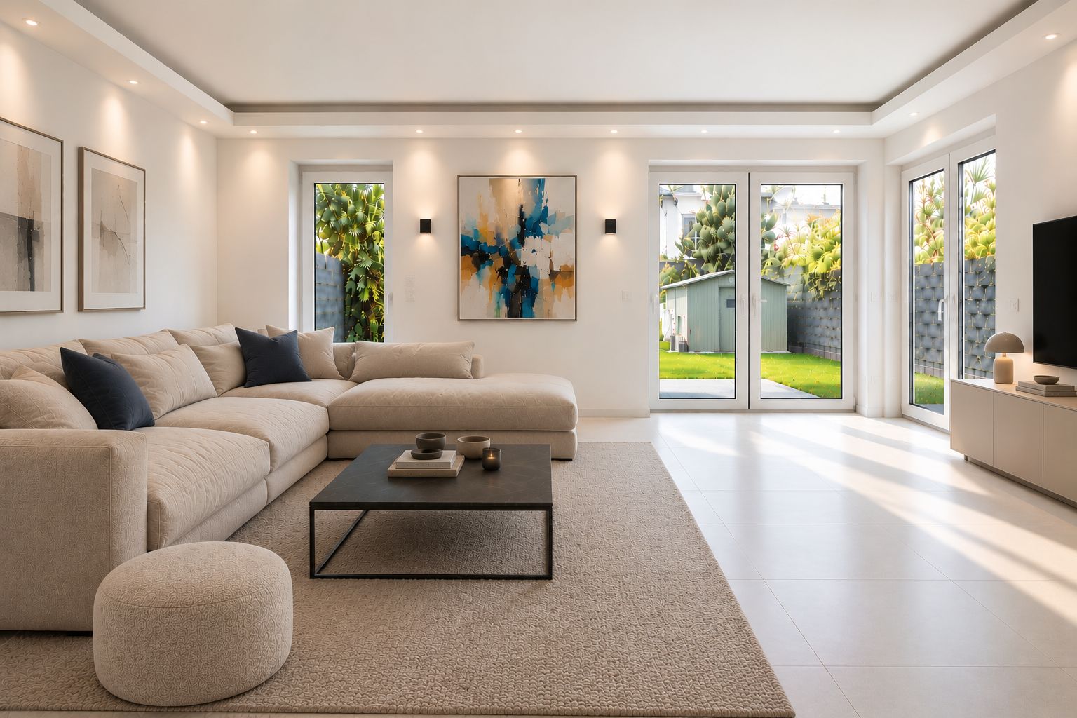 Helles Wohnzimmer mit großem Sofa, Couchtisch und Zugang zum Garten durch Glastüren.