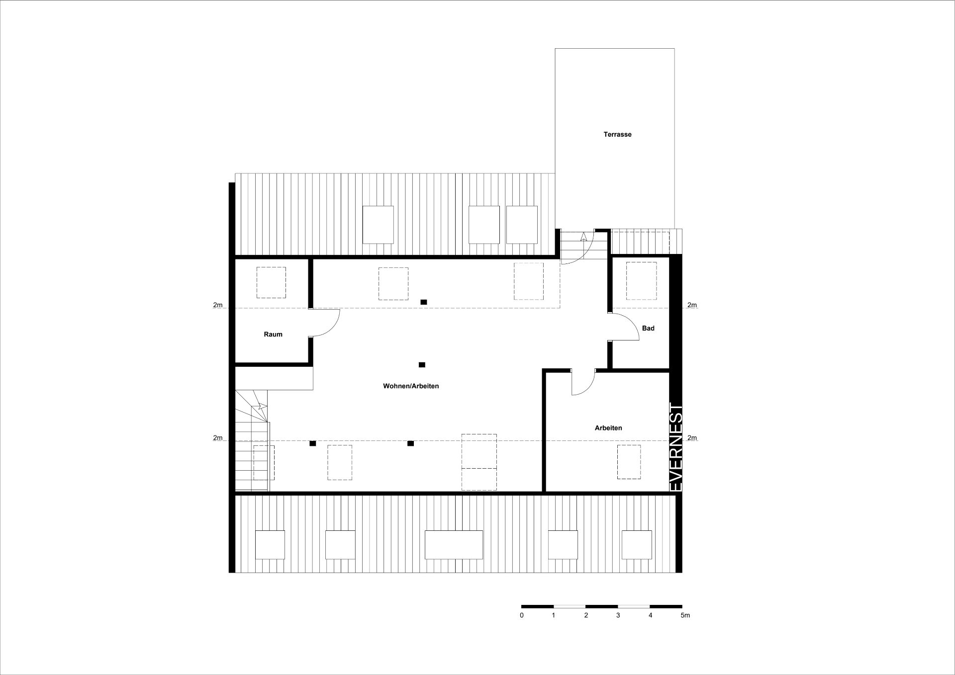 Grundriss einer Wohnung mit Terrasse, Bad, Arbeitsraum, Wohnbereich und weiterem Raum.