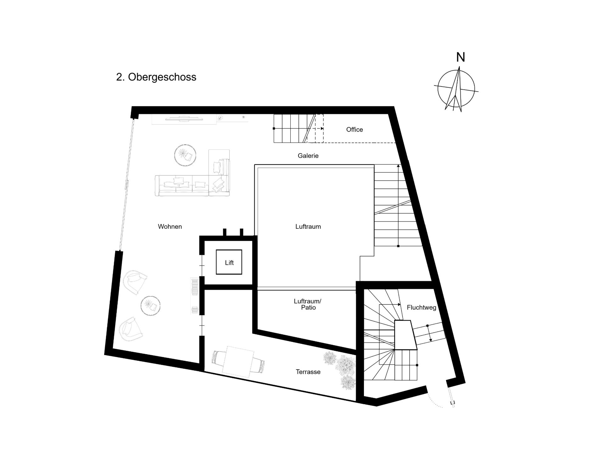 Grundriss des 2. Obergeschosses mit Wohnbereich, Terrasse, Galerie, Office und Aufzug.