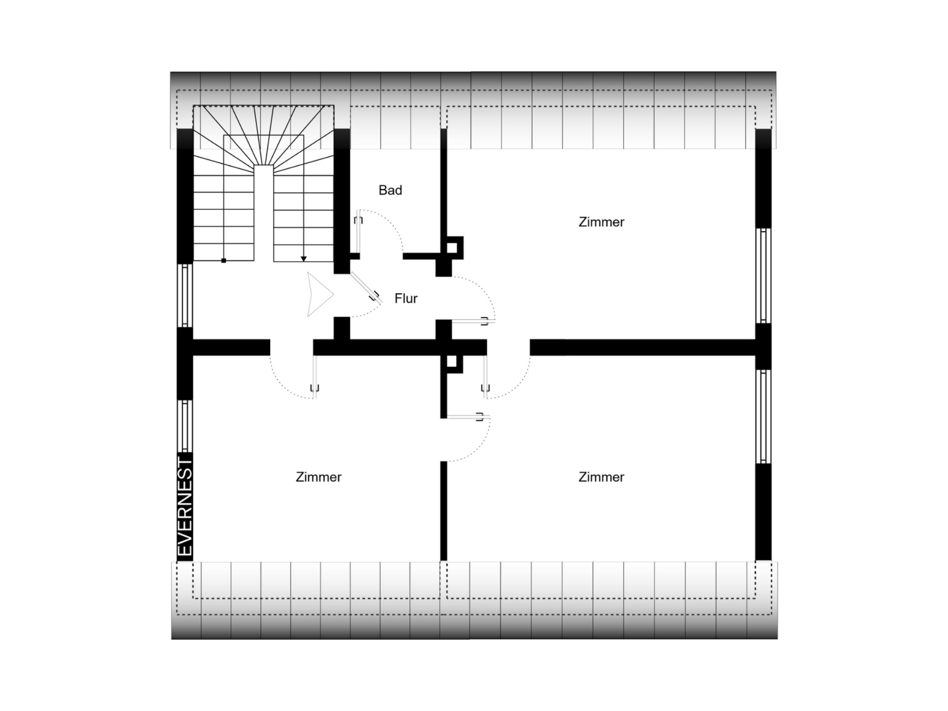 Grundriss mit Flur, Bad und drei Zimmern, Treppe auf der linken Seite.