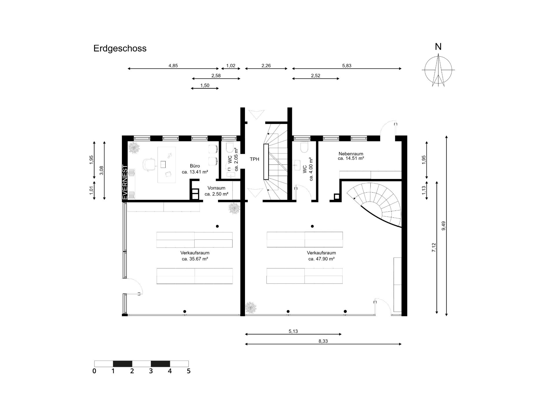 Grundriss des Erdgeschosses mit Büros, Verkaufsräumen und Nebenraum, Treppe zentral.