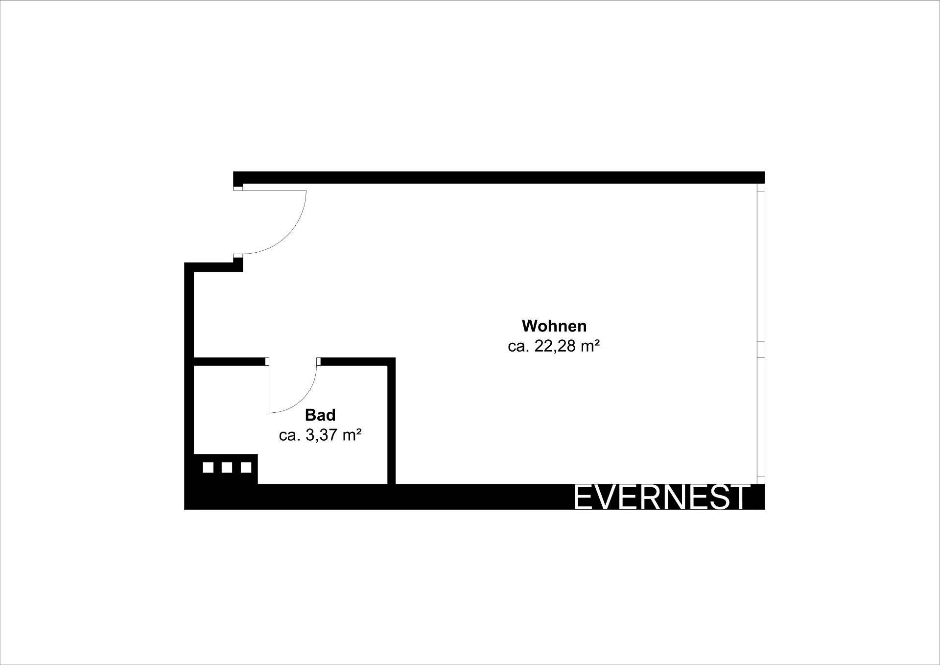 Grundriss mit Wohnbereich und kleinem Bad, Flächenangaben in Quadratmetern.
