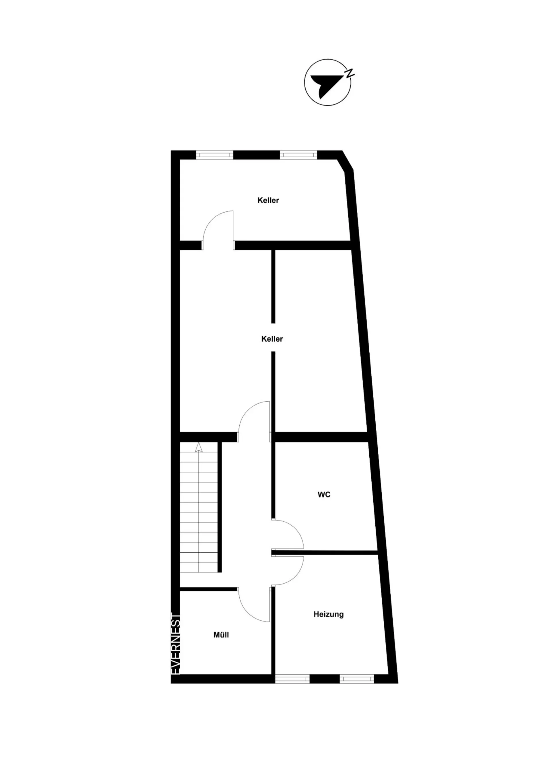 Grundriss eines Kellers mit zwei Kellerräumen, WC, Heizung, Müllraum und Treppenhaus.