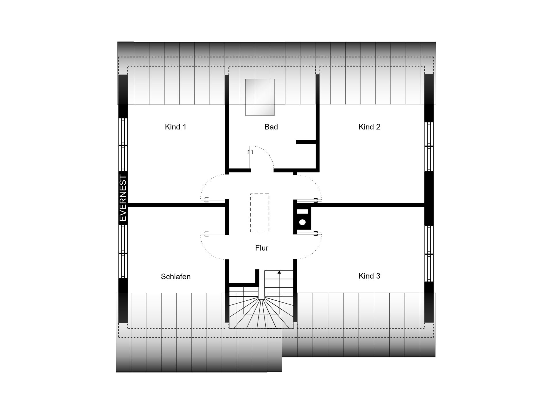 Grundriss mit vier Zimmern, Bad und Flur, Treppe unten mittig.