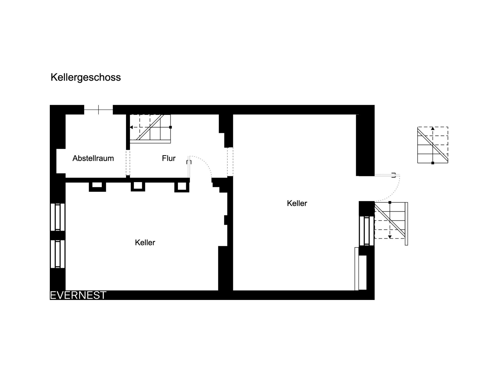 Grundriss des Kellergeschosses mit zwei Kellerräumen, Flur und Abstellraum.