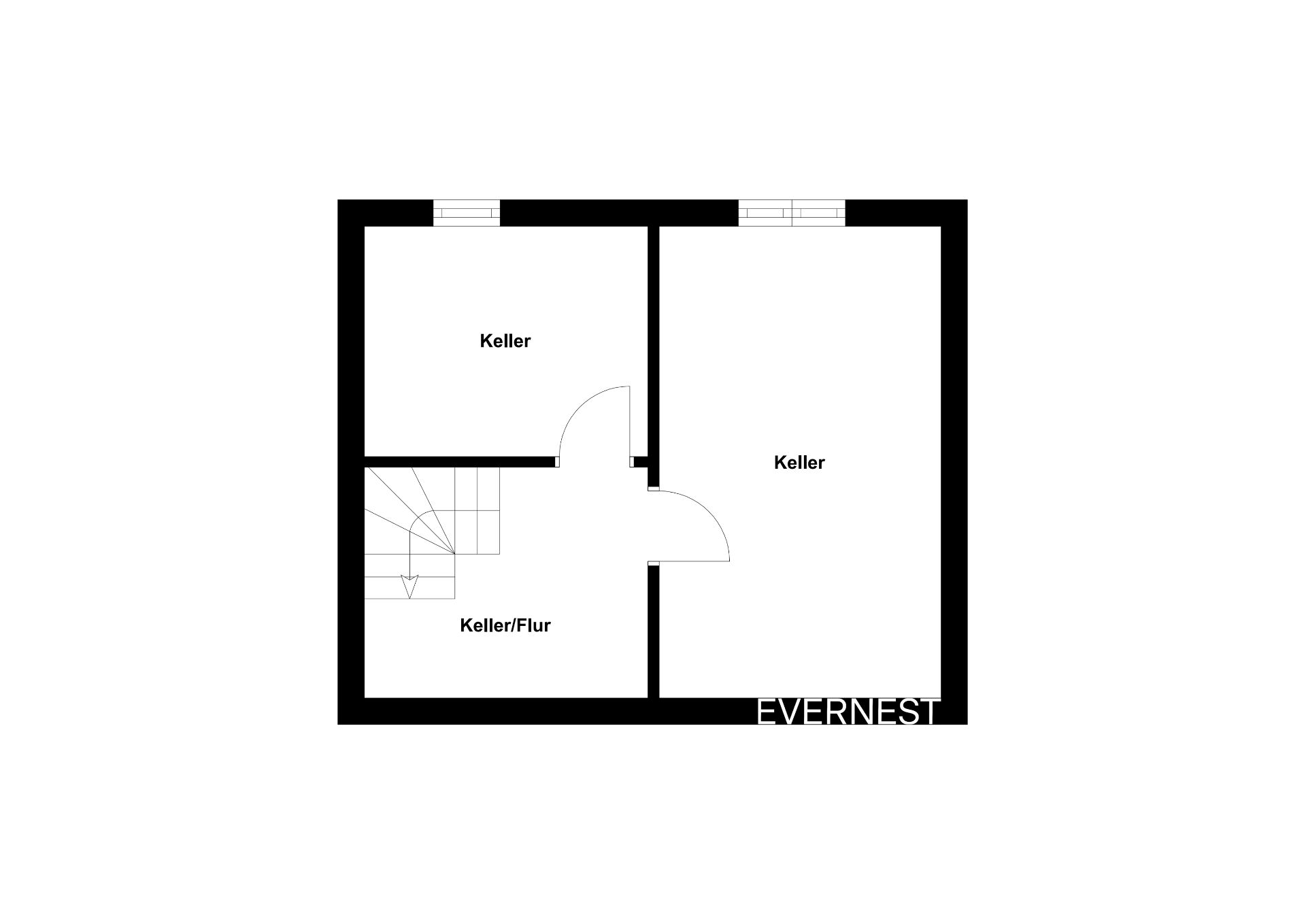 Grundriss eines Kellers mit zwei Kellerräumen und einem Flur.