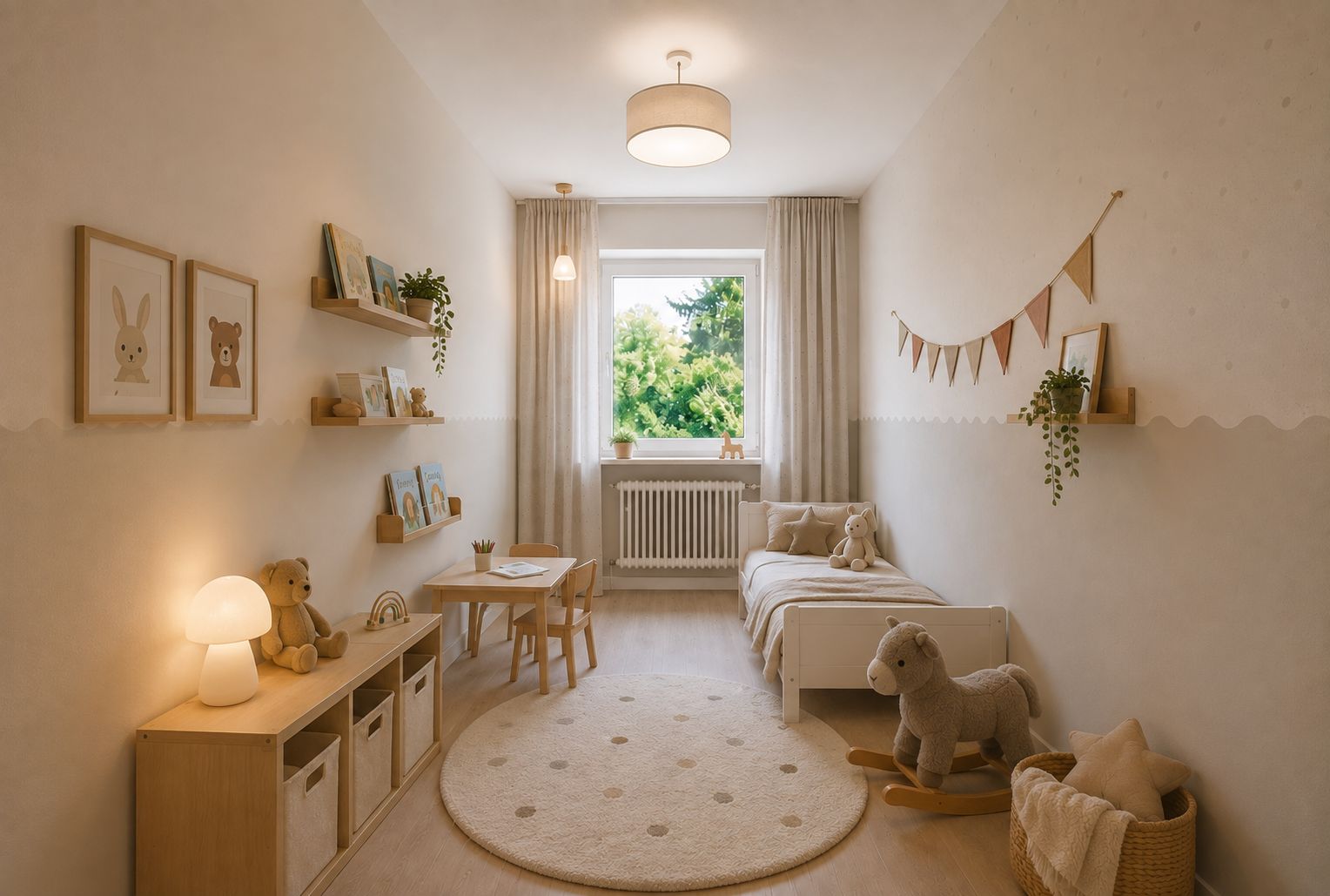 Helles Kinderzimmer mit Bett, Spielzeug, kleinem Tisch und großem Fenster.