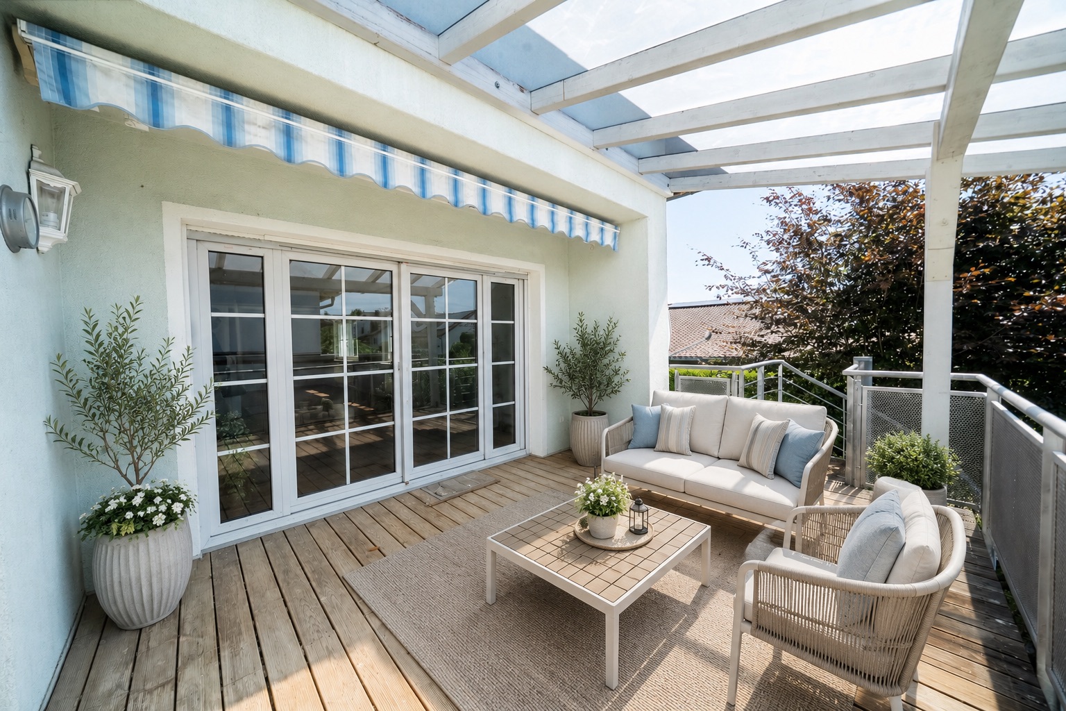 Möblierte Terrasse mit Holzboden, Couch, Stühlen, Tisch und Pflanzen, überdacht und mit Markise.
