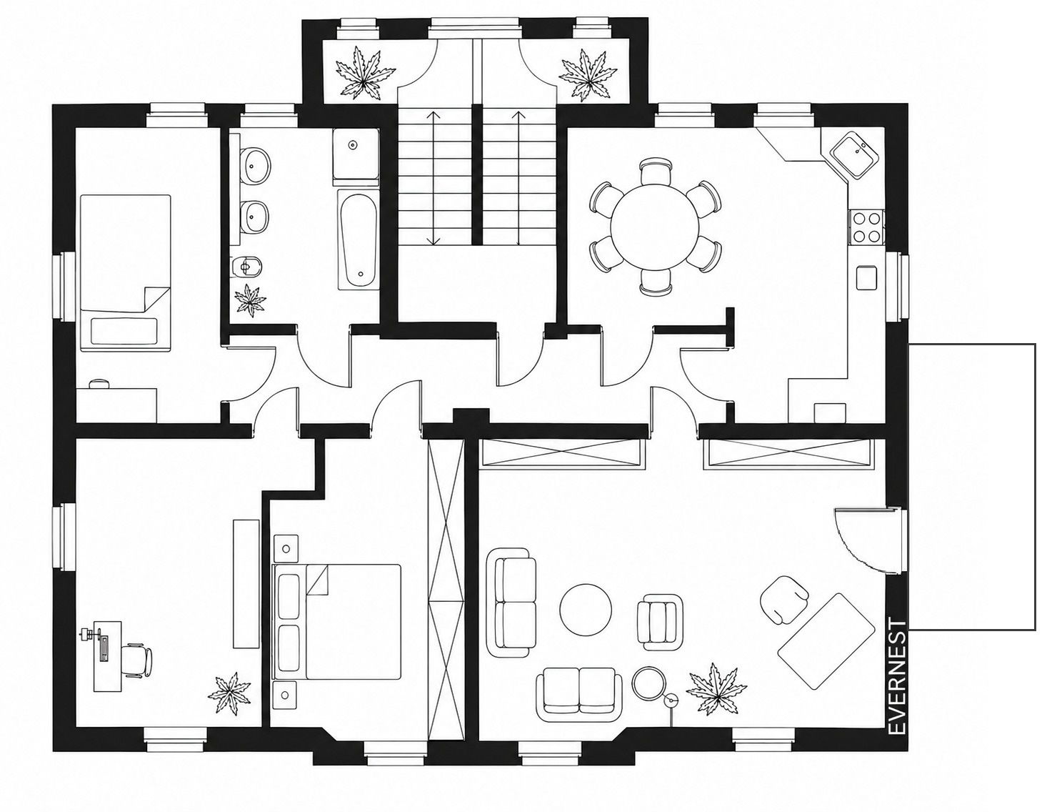 Grundriss einer Wohnung mit Schlafzimmer, Wohnzimmer, Küche, Bad und Essbereich.