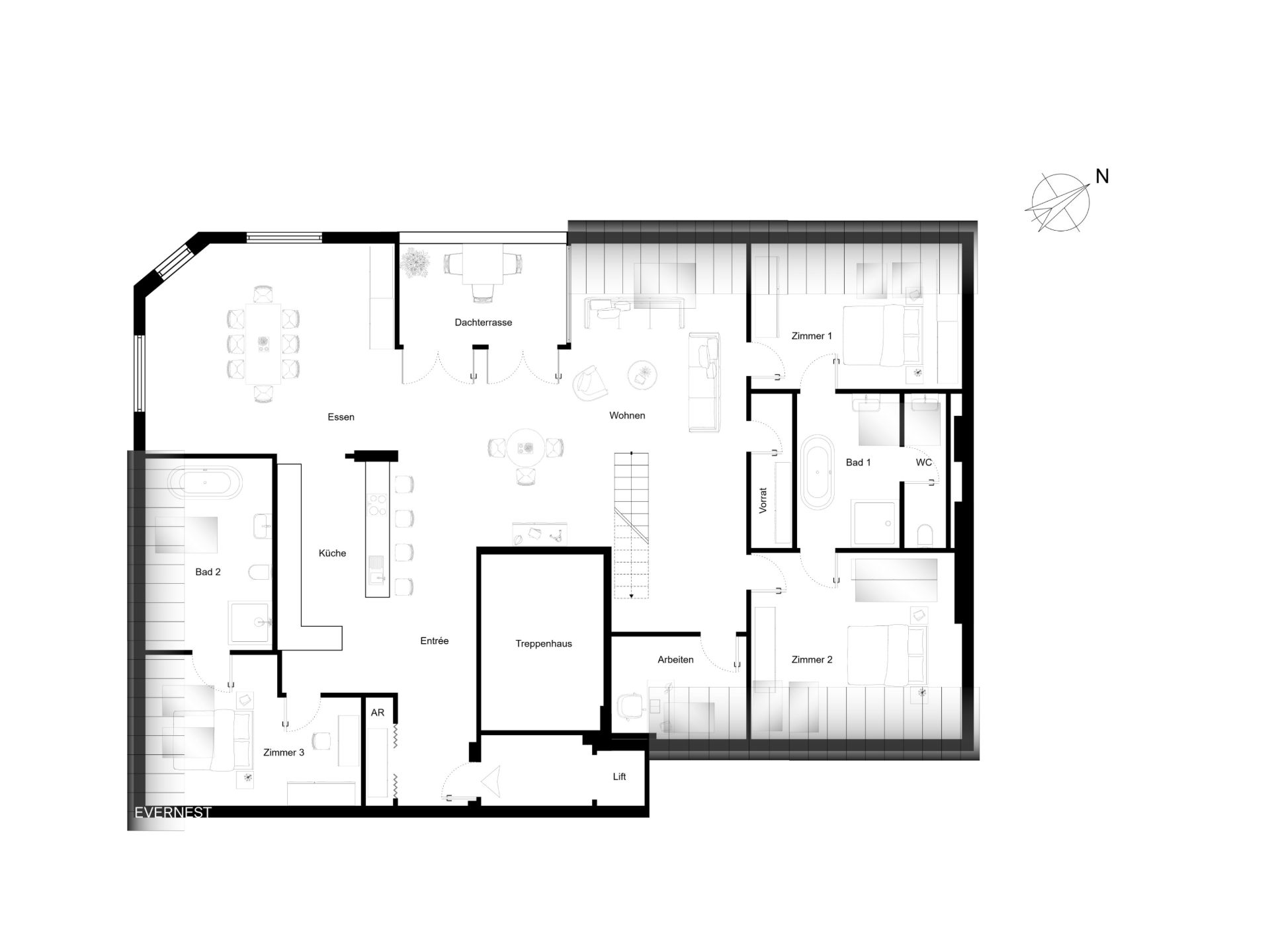 Grundriss einer Wohnung mit mehreren Zimmern, Küche, Bad, Wohnbereich und Terrasse.